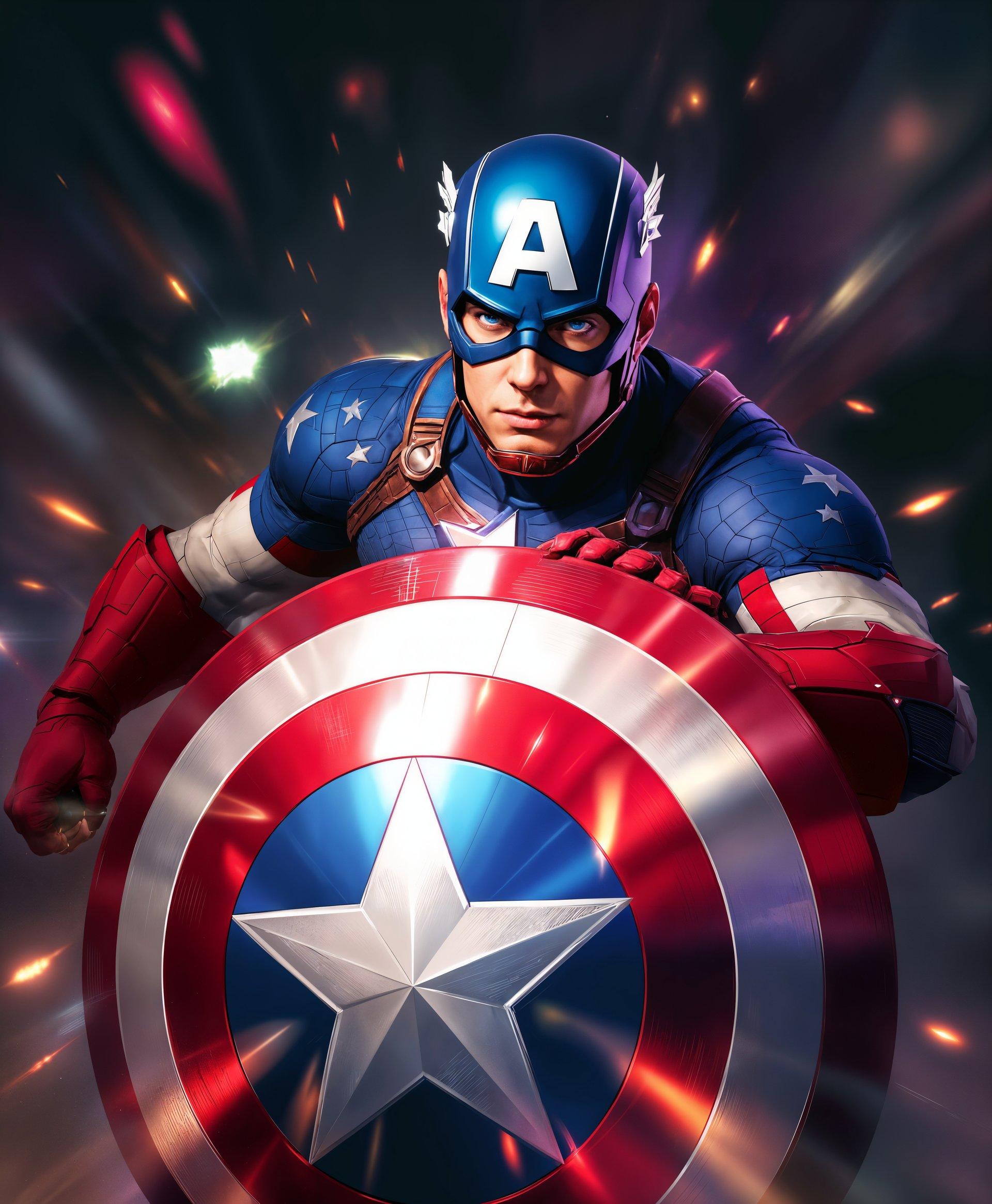 masterpiece, best quality, highres, sharp image, more detail, masterpiece, best quality, highres, sharp image, more detail, Create an **Ultra High Definition** digital painting of **Captain America** from the game **Marvel Rivals**:

- **Visual Details**: 
  - Captain America, in his iconic blue, red, and white suit, vibrantly detailed with stars and stripes.
  - His shield, a central element, should be depicted with a metallic sheen, showcasing its vibranium composition with light reflections.
  - His eyes should gleam with determination, capturing the essence of his heroic spirit.
  - Muscles should be well-defined to highlight his physical prowess, with a dynamic pose that suggests movement or action.

- **Style**: 
  - The artwork should mimic the **comic book style** of Marvel Rivals, with bold lines, high contrast, and dynamic shading.
  - Incorporate elements of **heroic realism** to emphasize his superhuman abilities.

- **Composition**: 
  - Captain America should be positioned in a heroic pose, possibly mid-action, with his shield either deflecting an attack or in the midst of a throw.
  - Camera angle should be slightly from below to emphasize his larger-than-life presence, giving a sense of looking up to a hero.

- **Mood and Atmosphere**: 
  - The scene should be charged with energy, suggesting an epic battle or heroic moment.
  - Use a **cinematic lighting** effect with a dramatic, focused light source that highlights Captain America, casting dramatic shadows around him.

- **Technical Aspects**: 
  - Utilize **hyper-realistic textures** for the shield and costume, with attention to fabric folds, metallic surfaces, and skin texture.
  - Employ **digital painting techniques** like layering, blending modes, and detailed brushwork to achieve a rich, multi-dimensional look.

- **Cohesion**: 
  - The background should subtly suggest a battlefield or an urban setting from Marvel Rivals, with blurred, out-of-focus elements to keep the focus on Captain America.
  - Ensure that the color palette integrates well with the overall scene, balancing the vibrancy of his costume with the backdrop to create a unified, visually compelling image.