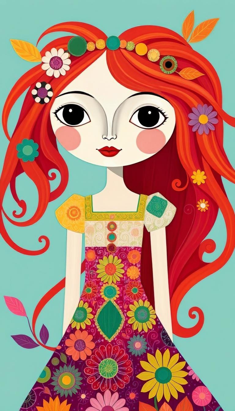 This image is a stylized illustration of a character with a whimsical and fantastical aesthetic. The art style is reminiscent of pop surrealism, with a focus on exaggerated features and a playful, imaginative approach to the subjects appearance and surroundings.The medium appears to be digital, given the smooth gradients and lack of texture that are common in digital artwork. The use of color is vibrant and bold, with a palette that includes bright reds, oranges, yellows, greens, blues, and pinks. The contrast between the warm tones of the hair and the cooler colors of the dress creates a visually striking effect.The character has long, flowing red hair that cascades in waves and curls, adorned with various patterns and embellishments such as polka dots, stripes, and floral motifs. The hair is detailed with shading and highlights that give it a threedimensional appearance, and it seems to be animated, as if caught in a gentle breeze.The character is wearing a dress that is a kaleidoscope of patterns and colors. The bodice of the dress is a shortsleeved, squareneck design with a turquoise base and is embellished with a lively mix of pink, yellow, and green flowers, along with swirling designs and small polka dots. The skirt portion of the dress is a bright pink with a similar floral pattern, creating a cohesive and eyecatching ensemble.The background is a soft pink with a subtle striped pattern that complements the characters hair and dress. The stripes are thin and evenly spaced, providing a gentle texture that contrasts with the characters more pronounced and detailed features.Throughout the image, there are small, whimsical details that add to the overall charm and fantasy of the piece. These include small, circular motifs that resemble planets or celestial bodies scattered across the dress, and a few scattered butterflies that contribute to the magical atmosphere.The overall effect is one of enchantment and creativity, with a character that is both endearing and otherworldly. The artwork invites viewers into a playful and imaginative world, encouraging them to appreciate the beauty and joy found in fantasy and whimsy.