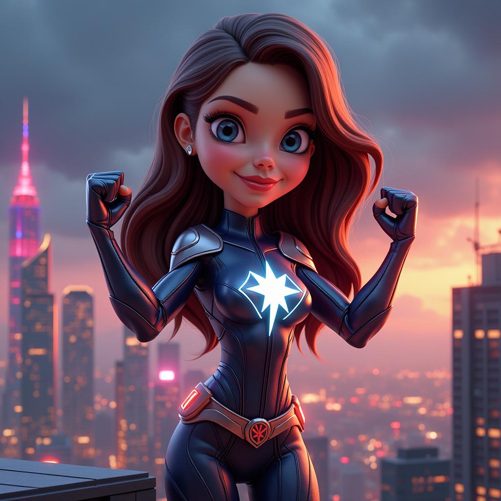 A 3D caricature of a superheroine with exaggerated features, set against a futuristic skyline glowing with neon lights. She has large, expressive eyes and an athletic build with oversized, muscular arms. Her flowing hair defies gravity, and she wears a sleek, metallic suit with glowing accents. Her pose is dynamic, with one fist raised in triumph, and she stands on a rooftop with a glowing emblem on her chest resembling a shooting star. The 3D render includes realistic textures and lighting, emphasizing the shiny details of her costume and the energetic atmosphere of the futuristic city.
