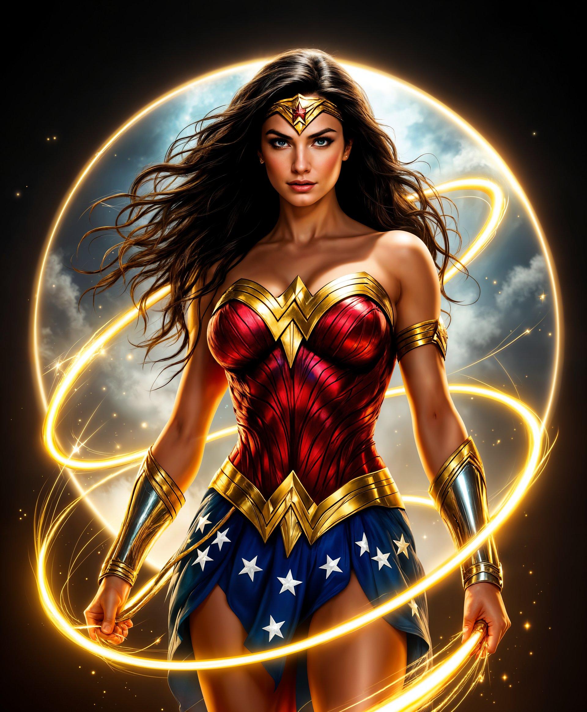 masterpiece, best quality, highres, sharp image, more detail, masterpiece, best quality, highres, sharp image, more detail, A stunning portrait of Wonder Woman from DC Comics, showcasing her formidable powers. The image captures her in a dynamic, heroic pose, with her Lasso of Truth swirling around her in a golden glow. **Visual Details**: Her costume is rendered with meticulous detail, the vibrant red, blue, and gold colors are vivid and saturated, with the star-spangled bodice and golden tiara gleaming under studio lighting. Her skin has a subtle, ethereal glow, highlighting her Amazonian heritage, while her eyes radiate with fierce determination. **Style**: The artwork is inspired by the bold, dynamic lines and vibrant colors of comic book art, combined with a touch of classical Greek sculpture's realism, reminiscent of the work by artists like Jim Lee or George Pérez, yet with a modern, painterly finish. **Composition**: Wonder Woman stands at the center of a circular frame, which intensifies the focus on her. The camera angle is slightly below her eye level to emphasize her towering presence, with her hair and the Lasso of Truth creating a vortex around her. **Mood and Atmosphere**: The mood is epic and awe-inspiring; the background is an abstract blur of cosmic energy, suggesting her divine power. The lighting is dramatic, with a strong light source highlighting her from one side, casting her in heroic, almost divine light. **Technical Aspects**: The portrait employs techniques like chiaroscuro to enhance depth and drama, with soft focus in the background to keep the viewer's attention on Wonder Woman. The image uses a shallow depth of field to blur out distractions, focusing solely on her. **Cohesion**: Every element, from the pose to the lighting, the costume details to the abstract background, works together to create a unified, believable scene that captures the essence of Wonder Woman's strength, beauty, and mythological origins.