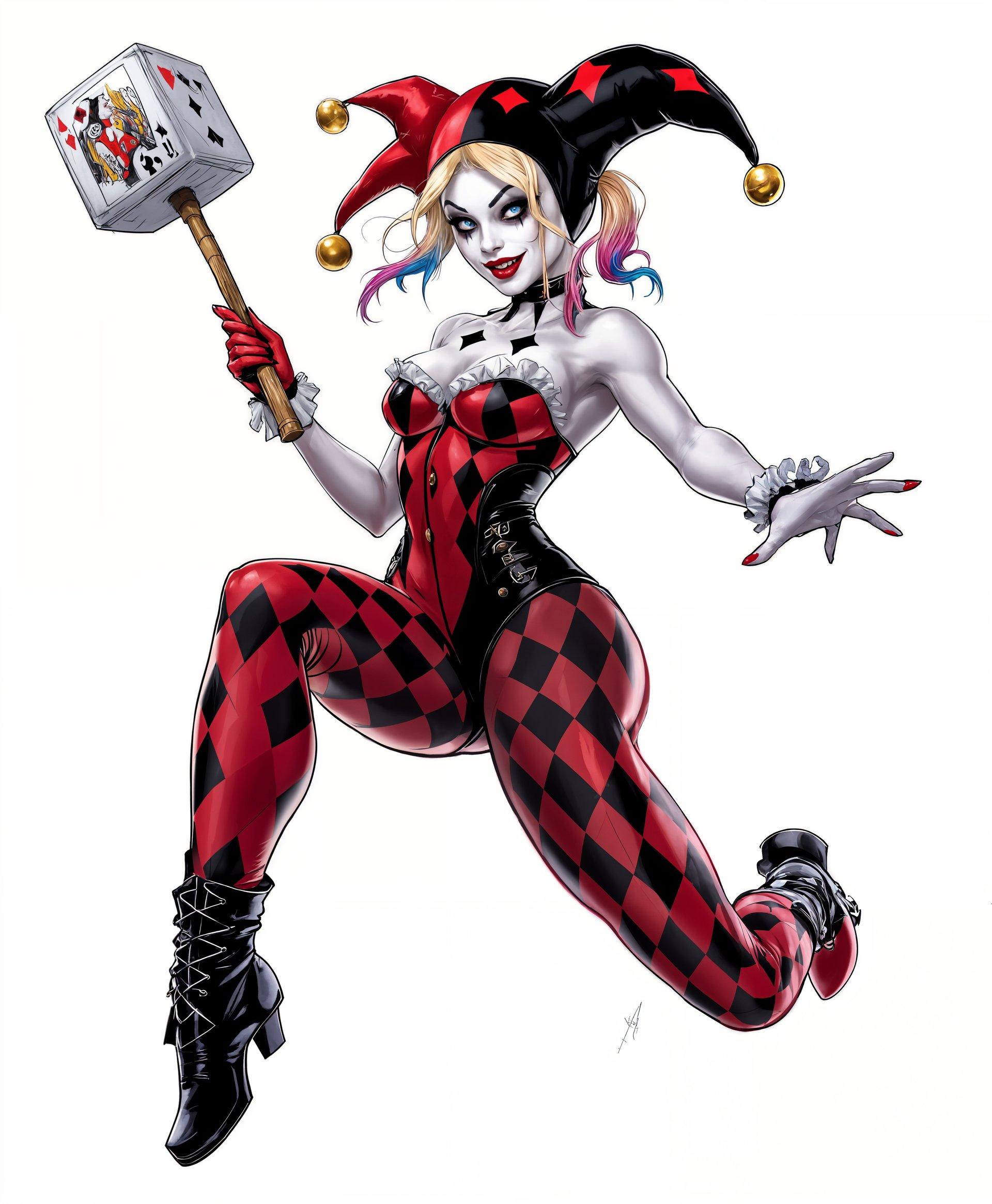 masterpiece, best quality, highres, sharp image, more detail, masterpiece, best quality, highres, sharp image, more detail, ```plaintext
A dynamic portrait of **Harley Quinn** from the DC comics, capturing her in mid-action, showcasing her acrobatic prowess and mischievous charm. 

**Visual Details:**
- **Costume:** She wears her iconic jester outfit with a tight, red and black diamond-patterned corset, ruffled neckline, and matching leggings. Her boots are black and white, extending up to her knees. 
- **Accessories:** Her jester hat is cocked to one side, with bells jangling as she moves. She carries her signature mallet, poised for action, decorated with playing card symbols.
- **Makeup:** Bold, theatrical makeup with white face paint, exaggerated red lips, and black diamond patterns around her eyes. Her hair is dyed half blonde and half pink or blue, styled in pigtails.

**Style:**
- **Artistic Influence:** The style is reminiscent of comic book art, with bold outlines and vibrant, saturated colors, but with a touch of realism to highlight her facial expressions and the texture of her outfit.
- **Photography Technique:** A shallow depth of field focuses on Harley, with her surroundings slightly blurred to emphasize her as the central figure.

**Composition:**
- **Subject Positioning:** Harley is posed in a dynamic, theatrical stance, one foot up, ready to leap or strike, her body slightly turned to show her silhouette.
- **Camera Angle:** A low angle shot to make her appear larger than life, enhancing her dominance in the scene.
- **Framing:** She is framed against a backdrop of Gotham's skyline at dusk, with the city lights casting a glow on her, creating a stark contrast between her vibrant colors and the dark, moody city.

**Mood and Atmosphere:**
- **Feeling:** The image conveys a sense of excitement, chaos, and unpredictability, encapsulating Harley's essence.
- **Time of Day:** Dusk, with the city's lights just beginning to twinkle, adding a touch of mystery and allure.
- **Ambiance:** The atmosphere is electric with a hint of danger, as if anything could happen at any moment.

**Technical Aspects:**
- **Lighting:** Side lighting to highlight the texture of her costume, with rim lighting to separate her from the background, emphasizing her silhouette against the city.
- **Focus:** Selective focus with a fast shutter speed to capture her movement sharply while maintaining the background blur.

**Cohesion:** The entire scene is designed to reflect Harley Quinn's chaotic energy and her playful yet dangerous nature, with every