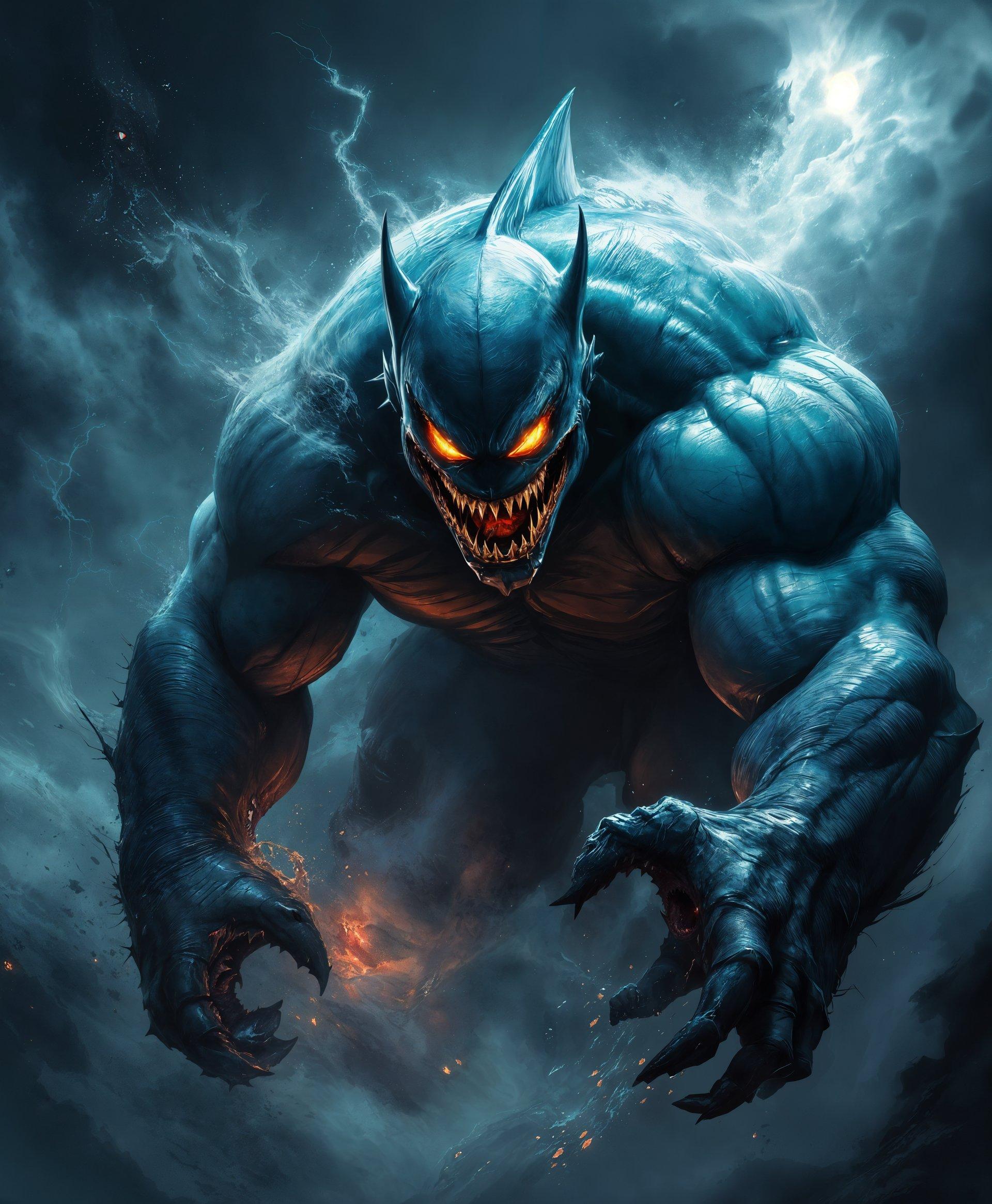 masterpiece, best quality, highres, sharp image, more detail, masterpiece, best quality, highres, sharp image, more detail, A striking digital painting of **King Shark**, the formidable DC Comics character, portrayed in a dynamic and powerful pose that highlights his **supernatural strength** and **ferocity**. His **muscular form** should be rendered with **hyper-realistic texture**, capturing the rough, scaly skin and **menacing teeth**. His eyes glow with an **otherworldly intensity**, reflecting his **aquatic heritage**. 

- **Visual Details**: 
  - **Shark-like features**: Fins, gills, and a pronounced jawline.
  - **Lighting**: High contrast lighting with dramatic shadows to accentuate his muscularity and to create a sense of danger.
  - **Color Palette**: Predominantly deep blues, greens, and grays with splashes of blood red to suggest violence and power.

- **Style**: 
  - **Digital Art**: Utilizing techniques akin to those of Alex Ross or Frank Frazetta, with a focus on hyper-detail and realism.
  - **Photorealistic**: With elements of fantasy art, creating a surreal yet believable portrait.

- **Composition**: 
  - **Close-up**: A tight shot focusing on King Shark's face and torso, with his jaw slightly open to show his teeth.
  - **Dynamic Angle**: The camera should be positioned slightly below to make him look more imposing.

- **Mood and Atmosphere**: 
  - **Intense**: A stormy backdrop with lightning, symbolizing the chaos and power he embodies.
  - **Fierce**: The expression on his face should be one of dominance, with a hint of intelligence in his eyes.

- **Technical Aspects**: 
  - **Depth of Field**: Use a shallow depth of field to blur the background, focusing attention on King Shark.
  - **Lighting Techniques**: Rim lighting to silhouette his form against the dark background, with a key light highlighting his facial features.
  - **Texture Mapping**: Employing detailed texture mapping to give a lifelike appearance to his skin, scales, and the water droplets on his body.

This portrait should evoke a sense of awe and fear, showcasing King Shark's might in a visually stunning and cohesive manner.