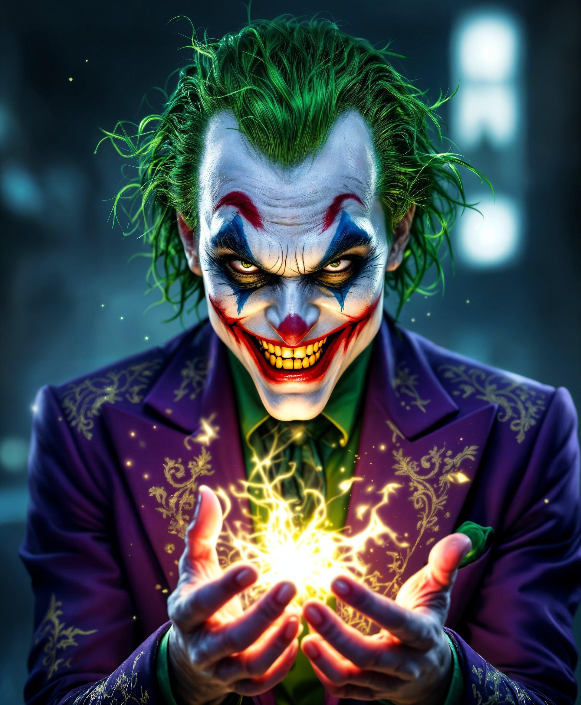 masterpiece, best quality, highres, sharp image, more detail, masterpiece, best quality, highres, sharp image, more detail, A hyper-realistic portrait of The Joker from DC Comics, showcasing his chaotic essence and powers in full display:

- **Visual Details:** 
  - His iconic purple suit with intricate green patterns, slightly worn to suggest frequent use in his mischievous endeavors.
  - Skin with a ghostly pale complexion, contrasted by vibrant, almost neon, green hair that seems to glow from within.
  - Eyes that are mischievous and slightly mad, with exaggerated makeup lines that give a sense of his unstable psyche.
  - A sinister smile with yellowed teeth, hinting at his toxic nature.
  - Special effects showing energy or magic radiating from his hands, depicting his ability to manipulate events or people.

- **Artistic Style:** 
  - Photorealistic with elements of surrealism to emphasize his otherworldly powers.
  - Inspired by the works of Dave McKean, capturing a comic book aesthetic that transcends into reality.

- **Composition:**
  - The Joker is centered, with his gaze slightly off to the side, engaging the viewer indirectly as if planning his next move.
  - Lighting is dramatic, with a single harsh light source casting deep shadows, enhancing his facial features and creating a stark contrast.
  - Camera angle is slightly low, looking up at him, making him appear more imposing and powerful.

- **Mood and Atmosphere:**
  - The setting is an abandoned carnival at twilight, with remnants of joy juxtaposed with the darkness of the night.
  - The air is thick with anticipation and a slight mist, adding to the eerie, otherworldly feel.
  - The background subtly hints at chaos and destruction, reinforcing his chaotic nature.

- **Technical Aspects:**
  - Use of chiaroscuro lighting to create depth and drama.
  - Depth of field focuses sharply on The Joker, with the background slightly blurred to keep the focus on him.
  - High dynamic range to capture the range of colors and textures, from the darkness of his suit to the luminescence of his hair.

- **Cohesion:**
  - All elements converge to portray The Joker not just as a villain, but as a force of nature, unpredictable and mesmerizing, with a palpable sense of his power and madness.