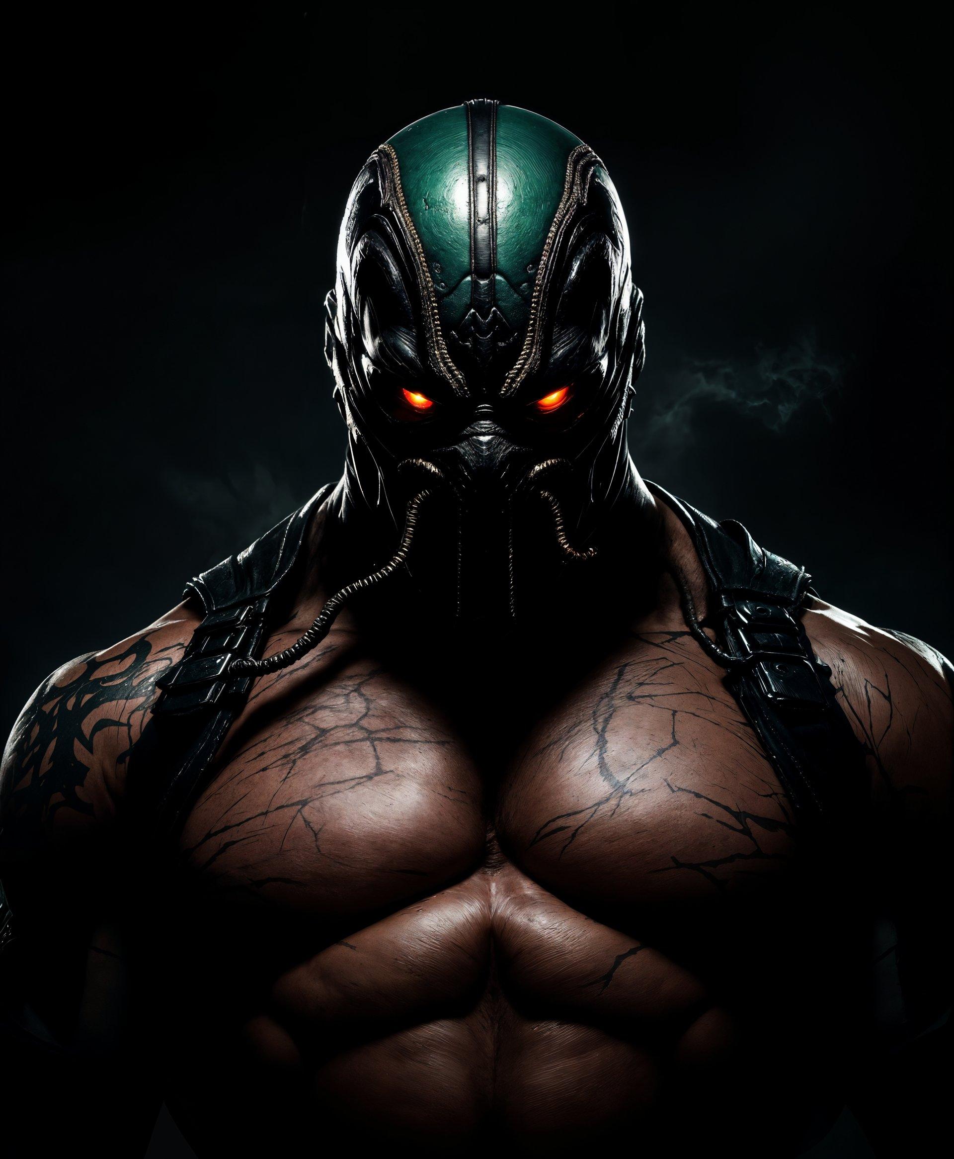masterpiece, best quality, highres, sharp image, more detail, masterpiece, best quality, highres, sharp image, more detail, **Subject:** Bane from DC Comics

**Visual Details:** 
- **Costume:** His iconic luchador mask, with intricate details like stitching and texture, and a metallic sheen on the venom tubes running from his back to his head. The mask is dark green with black accents, and his eyes glow with a menacing intensity.
- **Body:** Muscular physique enhanced by venom, veins bulging with power, skin showing the wear of battle with scars and tattoos.
- **Lighting:** High contrast with dramatic shadows accentuating his form, backlighting to silhouette his imposing figure against a dark background.

**Style:** 
- **Artistic Influence:** Inspired by the gritty realism of Greg Capullo's comic art, combined with the hyper-detailed digital painting techniques of contemporary artists like Alex Ross.

**Composition:** 
- **Subject Positioning:** Centered, with his head slightly tilted down, looking directly at the viewer with an intense, focused gaze.
- **Camera Angle:** Slight low angle to enhance his imposing stature, making the viewer feel smaller in comparison.
- **Framing:** Close-up to mid-shot, capturing from the waist up, with enough space to showcase his venom tubes and the surrounding dark atmosphere.

**Mood and Atmosphere:** 
- **Time:** Night, with the only light source being dim street lamps or a moon casting an eerie glow.
- **Weather:** Light rain or mist to add a layer of depth and mystery to the scene.
- **Ambiance:** An atmosphere of impending conflict, with the tension palpable in the air, evoking a sense of fear and awe.

**Technical Aspects:** 
- **Lighting:** Chiaroscuro to highlight the contrast between light and dark, enhancing the dramatic effect.
- **Depth of Field:** Shallow focus with the background slightly blurred, emphasizing Bane's presence.
- **Color Palette:** Dominant dark greens, blacks, and grays with strategic use of red to symbolize danger or power.

**Cohesion:** 
- The composition, lighting, and detailed costume design all work together to portray Bane not just as a villain, but as an unstoppable force, embodying strength, intimidation, and a dark, foreboding power.