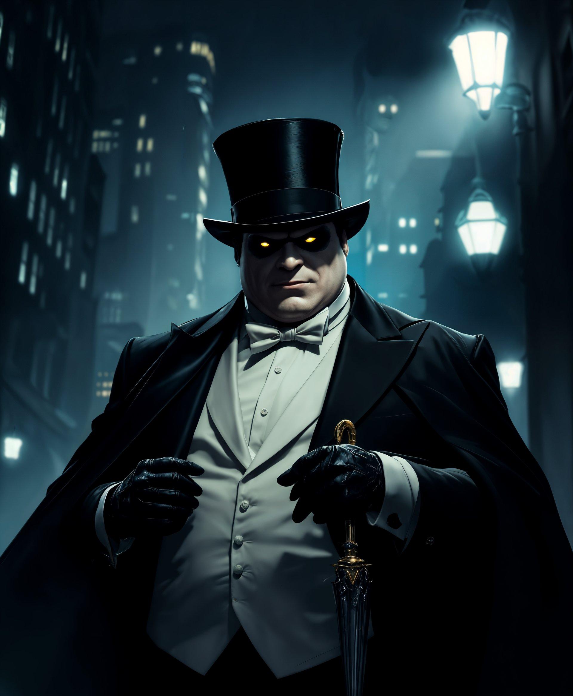 masterpiece, best quality, highres, sharp image, more detail, masterpiece, best quality, highres, sharp image, more detail, **Prompt for Image Generation:**

An epic portrait of The Penguin from DC Comics, showcasing his commanding presence and unique abilities:

- **Subject:** Oswald Cobblepot, The Penguin, stands prominently in the center, exuding power and sophistication. His body language is assertive, with a slight lean forward, emphasizing his dominance. His eyes are piercing, reflecting his cunning nature.

- **Costume:** He is adorned in his iconic tuxedo, tailored to perfection with a crisp black jacket, white shirt, and a bow tie, all of impeccable quality. The fabric has a subtle sheen, suggesting luxury. His top hat is slightly askew, adding a touch of eccentricity. His umbrella, a symbol of his power, is intricately detailed with a silver handle, possibly concealing a weapon or gadget.

- **Setting:** The background is a moody, atmospheric Gotham City, with looming skyscrapers and dark alleys. The scene is illuminated by the dim, eerie glow of streetlights, casting long shadows and highlighting The Penguin's silhouette.

- **Mood and Atmosphere:** The image exudes a sense of danger, mystery, and the clandestine. The lighting creates a chiaroscuro effect, emphasizing contrasts between light and shadow, enhancing the noir feel of Gotham. The atmosphere is thick with tension, as if a crime is about to unfold.

- **Composition:** Use a low-angle shot to make The Penguin appear larger-than-life, with Gotham's skyline framing him like a crown. The composition is symmetrical, with The Penguin's figure as the central axis, drawing the viewer's eye directly to him.

- **Artistic Style:** The style should blend elements of comic book art with film noir aesthetics, capturing the essence of The Penguin in a manner that is both iconic and cinematic. Employ techniques like deep focus to keep both the foreground and background in sharp detail, enhancing the depth of the scene.

- **Technical Aspects:** Employ high contrast lighting to create a dramatic effect, with careful attention to texture rendering to capture the feel of his suit and the urban environment. Use selective focus to blur out less important elements, guiding the viewer's attention to The Penguin.

- **Cohesion:** Every aspect of the image, from the choice of colors (deep blues, blacks, and occasional neon) to the pose and setting, should coalesce to portray The Penguin not just as a villain, but as a master of his domain, Gotham City.