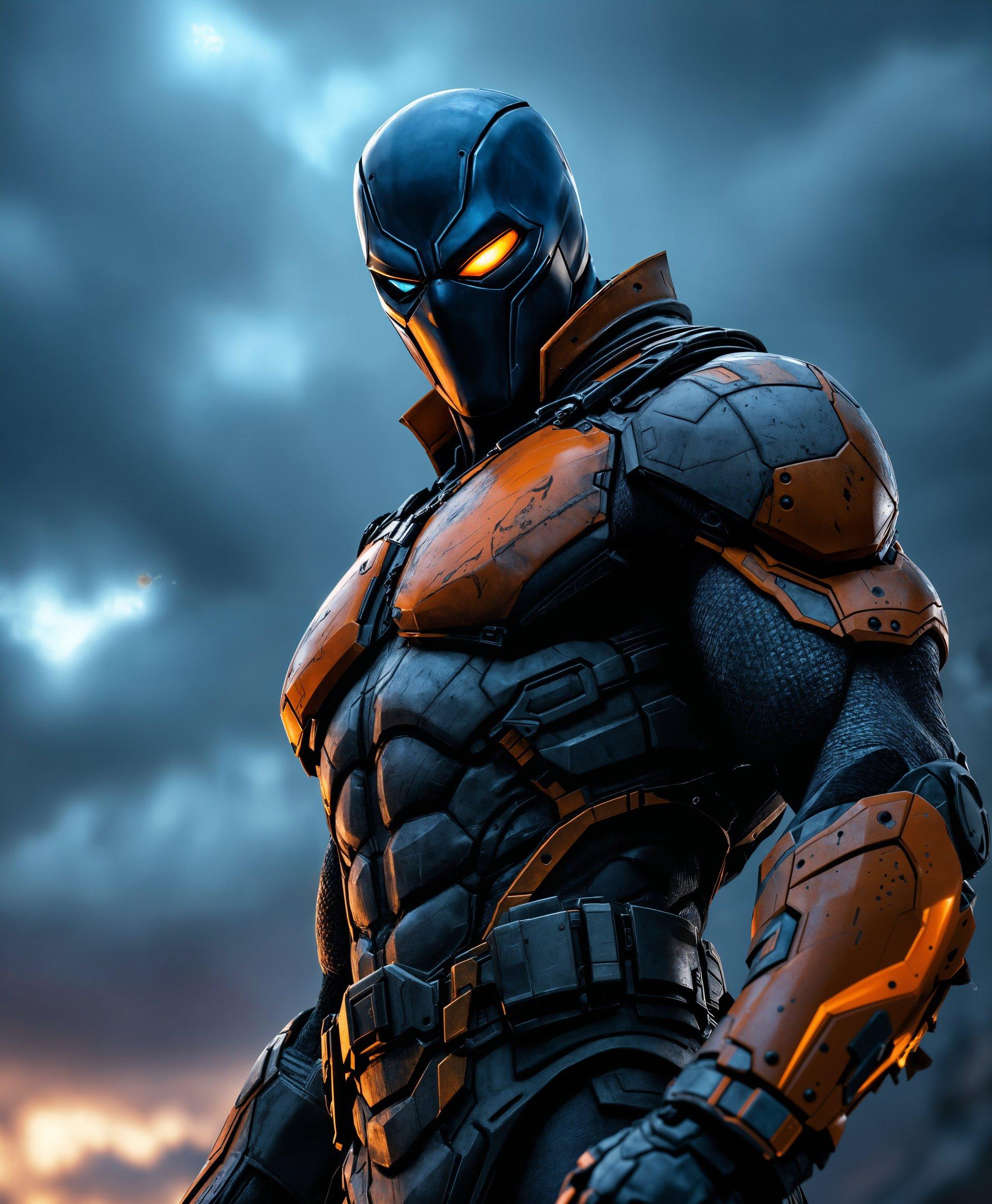 masterpiece, best quality, highres, sharp image, more detail, masterpiece, best quality, highres, sharp image, more detail, A cinematic portrait of **Deathstroke** from DC Comics, showcasing his formidable powers:

- **Visual Details:** His mask, a sleek, metallic blue with an orange eye slit, reflects a menacing, battle-hardened expression. The suit is an intricate blend of gray and orange armor, with tactical enhancements visible. The texture of the suit shows wear and tear, indicating his numerous battles.

- **Style:** Rendered in a hyper-realistic comic book style, reminiscent of Greg Capullo's detailed character designs, with a focus on dramatic lighting to enhance the three-dimensional feel.

- **Composition:** Deathstroke is centered, his imposing figure dominating the frame. The camera angle is slightly low, looking up, to accentuate his power and presence. His body is turned in a three-quarters view, with one arm extended, showcasing his agility and combat readiness.

- **Mood and Atmosphere:** The scene is set at dusk, with a stormy sky in the background, casting a dark, foreboding atmosphere. A soft, diffused light highlights his mask, creating a contrast between shadow and light, symbolizing his dual nature as both hero and anti-hero.

- **Technical Aspects:** Utilize chiaroscuro lighting for dramatic effect, with a shallow depth of field to isolate Deathstroke from the background, emphasizing his importance. The image should convey motion blur subtly around his weapon, suggesting speed and the aftermath of an intense battle.

- **Cohesion:** Every element, from the stormy weather to the detailed costume, to the precise lighting, works in harmony to not only present Deathstroke but to immerse the viewer in his world, where power, conflict, and moral ambiguity are ever-present.