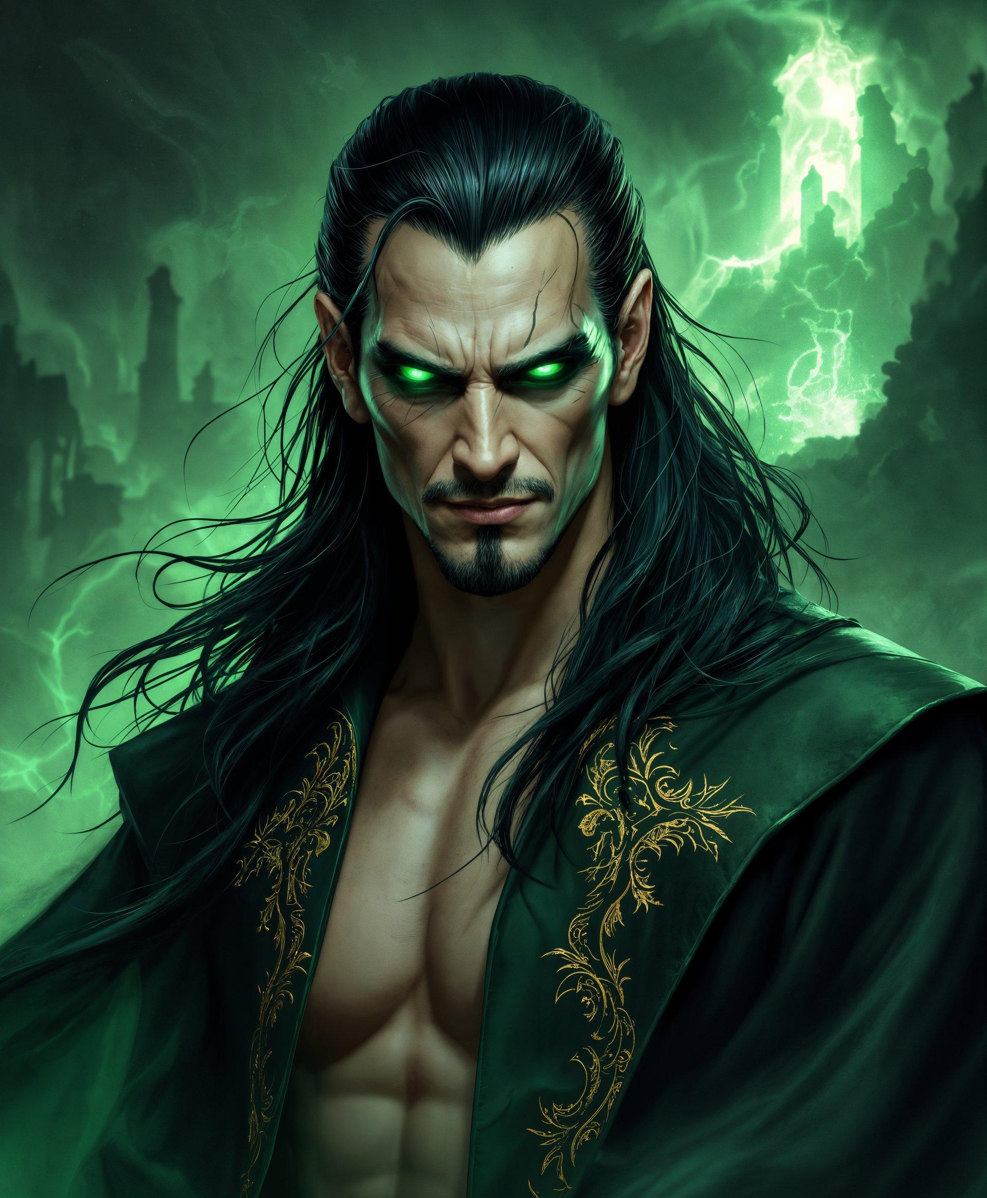 masterpiece, best quality, highres, sharp image, more detail, masterpiece, best quality, highres, sharp image, more detail, A striking portrait of Ra's al Ghul, the iconic DC Comics villain, portrayed in a highly detailed, hyper-realistic style reminiscent of Greg Capullo's artwork. He stands poised, his eyes glowing with an emerald fire that seems to pierce through the canvas, capturing his supernatural powers. His skin has a pale, almost translucent quality, highlighting his centuries of life, while his long, flowing hair is as dark as the night, with subtle streaks of gray denoting his wisdom and experience. 

**Visual Details:**
- Ra's al Ghul wears his classic green and black costume, the fabric looks like silk, with intricate, gold-embroidered patterns that seem to shimmer with an inner light.
- His facial features are sharp, with high cheekbones, a strong jawline, and a sinister smile that hints at his cunning and ruthless nature.
- The background is an ethereal, swirling green mist, symbolizing his command over nature and life itself, with faint outlines of ancient, crumbling ruins suggesting his vast knowledge and the passage of time.

**Lighting:**
- A dramatic, chiaroscuro lighting technique is used, with deep shadows accentuating the contours of his face and costume, creating a stark contrast between light and dark, enhancing his menacing presence.

**Composition:**
- Ra's al Ghul is positioned centrally, his gaze directly engaging the viewer, asserting his dominance and control over the scene.
- The camera angle is slightly low, looking up at him to emphasize his power and authority.

**Mood and Atmosphere:**
- The atmosphere is tense and foreboding, with an aura of mysticism and danger, as if you're standing before the master of the League of Assassins himself.
- The time is twilight, with the last rays of the sun casting an eerie glow, blending with the green mist to create a surreal, otherworldly ambiance.

**Technical Aspects:**
- Employ a fine art technique with a focus on texture, ensuring the fabric of his costume looks tactile and the mist appears to have a tangible presence.
- Use a high depth of field to keep Ra's al Ghul in sharp focus while the background blurs into an abstract, dreamlike quality.

**Cohesion:**
- The overall scene should feel like a moment frozen in time, where the power and legacy of Ra's al Ghul are palpable, his presence commanding and his powers manifest, all woven together to create an awe-inspiring, epic portrait.