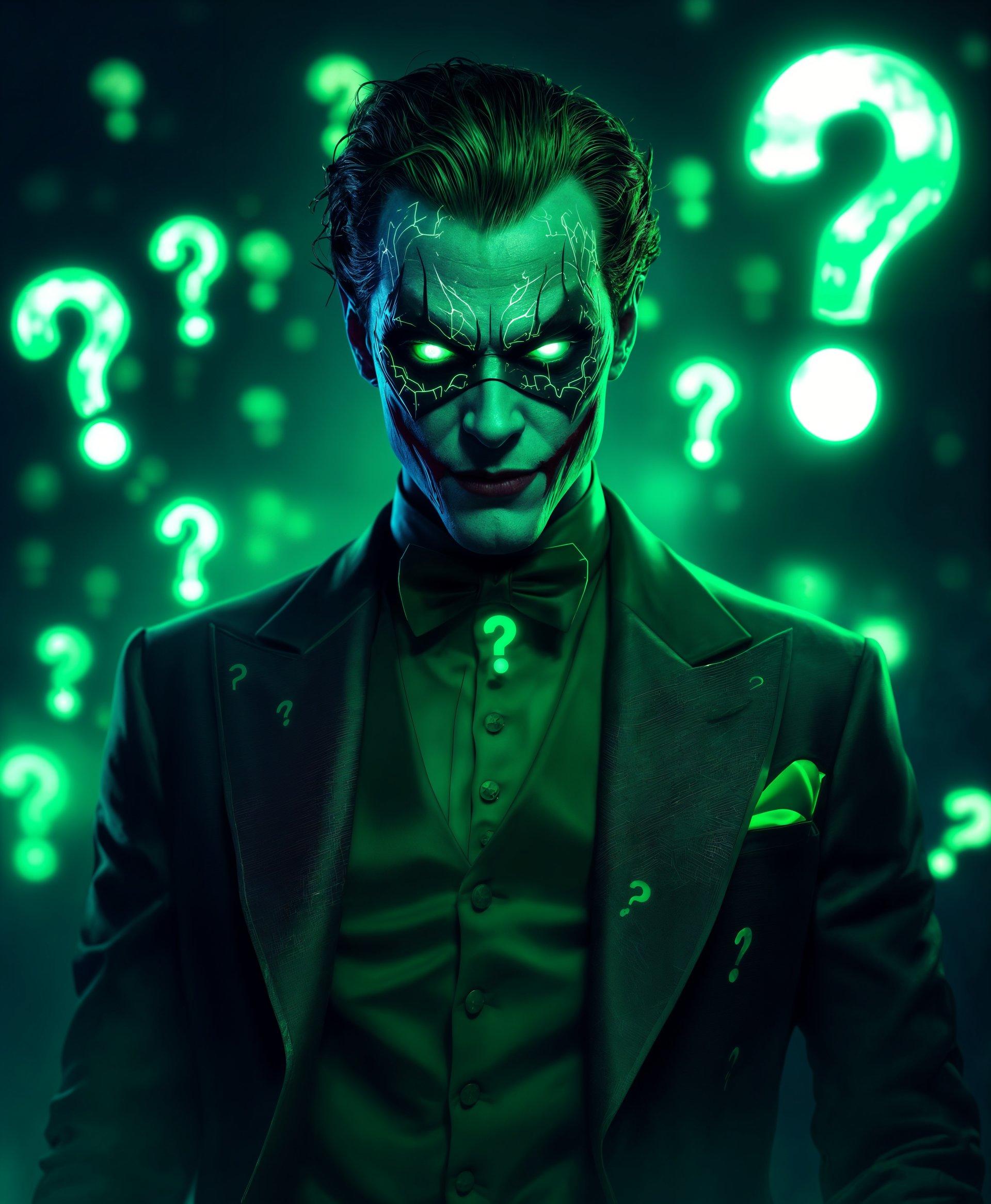 masterpiece, best quality, highres, sharp image, more detail, masterpiece, best quality, highres, sharp image, more detail, Create a hyper-realistic portrait of The Riddler from DC Comics, showcasing his powers in a visually striking manner:

**Visual Details:**
- **Riddler's Costume:** Emphasize the vivid green color of his suit, with question marks in a darker, contrasting green. The fabric should appear slick and slightly reflective, with an almost metallic sheen.
- **Mask:** His mask should have an eerie, otherworldly glow, with intricate, glowing question mark patterns.
- **Lighting:** Use dramatic chiaroscuro lighting with stark contrasts between light and shadow to enhance the mysterious aura around him.
- **Environment:** Surround him with floating, luminescent green question marks that cast an eerie light, creating a surreal atmosphere.

**Style:**
- **Artistic Influence:** Draw inspiration from the neo-noir style of films like "Sin City," with sharp lines, high contrast, and a focus on detail to amplify the comic book feel while maintaining a dark, gritty realism.
- **Photography Technique:** Employ a shallow depth of field, with the background blurred to focus intensely on The Riddler, making his face and costume stand out.

**Composition:**
- **Subject Positioning:** Center The Riddler in the frame, looking slightly off-camera as if he's just posed a riddle to someone out of view, his posture exuding confidence and enigma.
- **Camera Angle:** Use a low-angle shot to make him appear more imposing and powerful, enhancing his villainous persona.

**Mood and Atmosphere:**
- **Time of Day:** Set the scene at twilight, where the city lights begin to illuminate, adding to the mysterious and enigmatic mood.
- **Weather:** A slight mist or fog should be present, creating a soft focus around him, adding to the ethereal quality of his powers.

**Technical Aspects:**
- **Lens Flare:** Include subtle lens flares from the glowing question marks to add depth and highlight his supernatural abilities.
- **Focus:** Ensure the focus is razor-sharp on his face, particularly his eyes, which should gleam with cunning intelligence.

**Cohesion:** The scene should feel like a moment of revelation, where The Riddler's powers are on full display, captivating the viewer with his enigmatic presence and the surreal environment he commands.