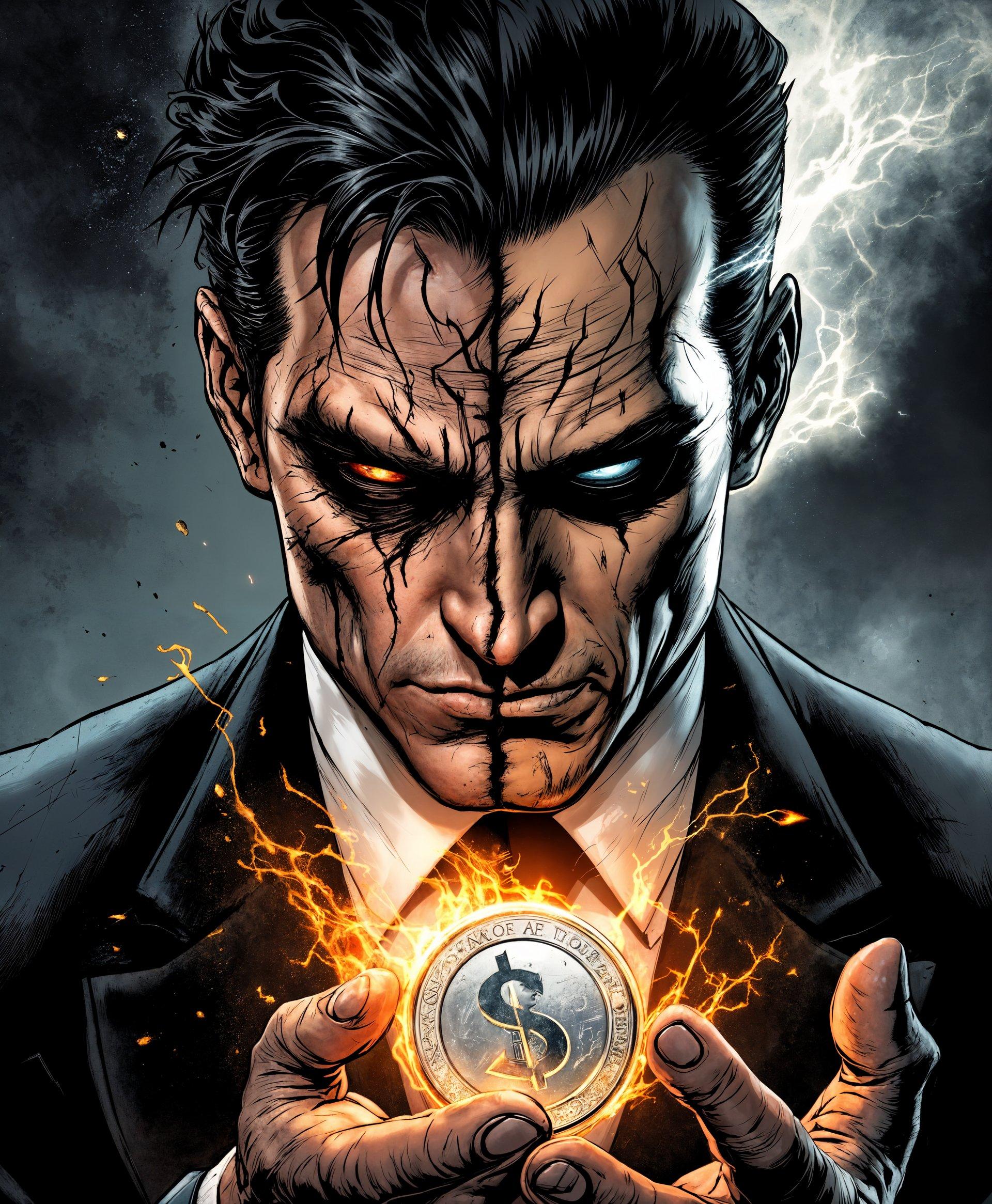 masterpiece, best quality, highres, sharp image, more detail, masterpiece, best quality, highres, sharp image, more detail, **Subject:** Two-Face from DC Comics, showcasing his dual nature and powers.

**Style:** Neo-noir comic book art with a touch of chiaroscuro lighting, reminiscent of Frank Miller's gritty and expressive style.

**Visual Details:**
- **Face:** One side of Two-Face's face is scarred, textured with deep grooves and burn marks, while the other side remains smooth, handsome, and unblemished. 
- **Costume:** Half his suit is pristine, tailored with a crisp white shirt and black tie, the other half is charred, ragged with burnt fabric hanging off.
- **Accessories:** A large, ornate coin, half silver and half black, held in his hand or flipping in the air, symbolizing his decision-making method. 
- **Powers:** Emanating from his hands or eyes, visible streams of energy or dark aura, suggesting his supernatural abilities or his inner turmoil.

**Composition:**
- **Framing:** Close-up portrait that frames Two-Face's face prominently, with the coin held up in the foreground, slightly out of focus to draw attention to his face.
- **Camera Angle:** Slightly tilted to add a sense of instability or madness, reflecting his psychological state.
- **Lighting:** Dramatic use of light and shadow to highlight the contrast between his two faces; one side illuminated, the other in darkness, with a spotlight effect on the coin.

**Mood and Atmosphere:**
- **Time of Day:** Night, with the city skyline in the background, reflecting the chaotic Gotham City.
- **Weather:** A thunderstorm brewing, with flashes of lightning occasionally illuminating the scene, enhancing the dramatic tension.
- **Emotion:** The image should convey a sense of inner conflict, duality, and the eternal struggle between good and evil.

**Technical Aspects:**
- **Depth of Field:** Shallow to keep the focus on Two-Face's face, with the background slightly blurred.
- **Color Palette:** Stark contrasts of black and white, with strategic uses of color to highlight the duality (e.g., his eyes or the coin).
- **Texture:** Emphasize the tactile quality of the fabric, skin, and the coin, making them appear tangible and real.

**Cohesion:** The portrait should not only capture Two-Face's physical appearance but also his internal struggle and the thematic elements of justice, chance, and chaos inherent in his character.