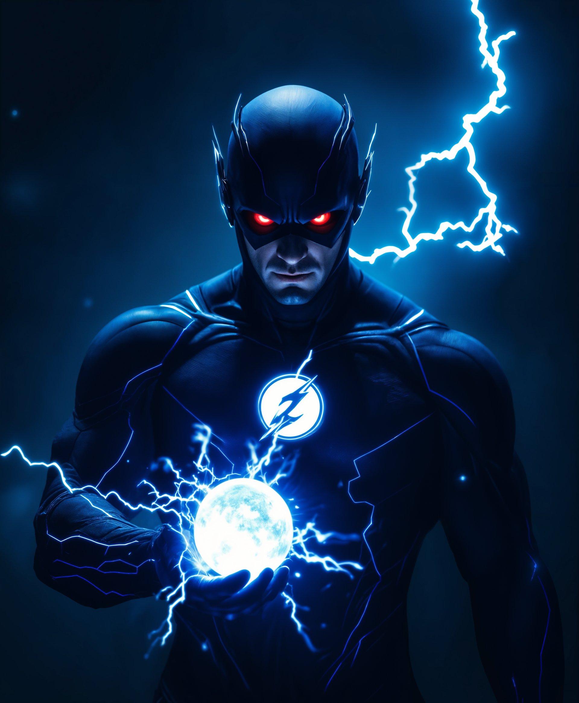 masterpiece, best quality, highres, sharp image, more detail, masterpiece, best quality, highres, sharp image, more detail, A **dark portrait** of an **evil speedster**, his figure dominating the frame with an **aura of malevolence**. His **eyes** gleam with a **sinister red light**, reflecting his **stolen powers** from Barry Allen. The **texture** of his costume is **sleek and form-fitting**, emphasizing his **muscular build**, with **vibrant, electric blue lines** tracing along his suit, indicating his **super speed**. 

**Lighting**: The scene is illuminated by a **single, harsh spotlight** from above, casting **sharp shadows** that enhance the **foreboding atmosphere**. The background is **void-like**, suggesting a **realm beyond time**, where shadows and light interplay to create an **eerie, otherworldly ambiance**. 

**Composition**: The speedster is **centered**, with his **body slightly turned** to give a dynamic sense of movement, his **arms stretched out**, one hand holding a **glowing blue orb** symbolizing Barry's powers. The **camera angle** is **slightly low**, giving him a **menacing, towering presence**.

**Artistic Style**: The image is rendered in a **hyper-realistic style** with **high contrast**, reminiscent of **film noir photography**, where **chiaroscuro** techniques are used to highlight the **villainous nature** of the speedster.

**Mood**: The atmosphere is **tense and foreboding**, with an **undercurrent of danger**, capturing the **evil essence** of the speedster who has usurped the hero's powers. The **silence** of the scene is almost palpable, broken only by the **faint crackle** of his energy, creating a **sense of impending doom**.