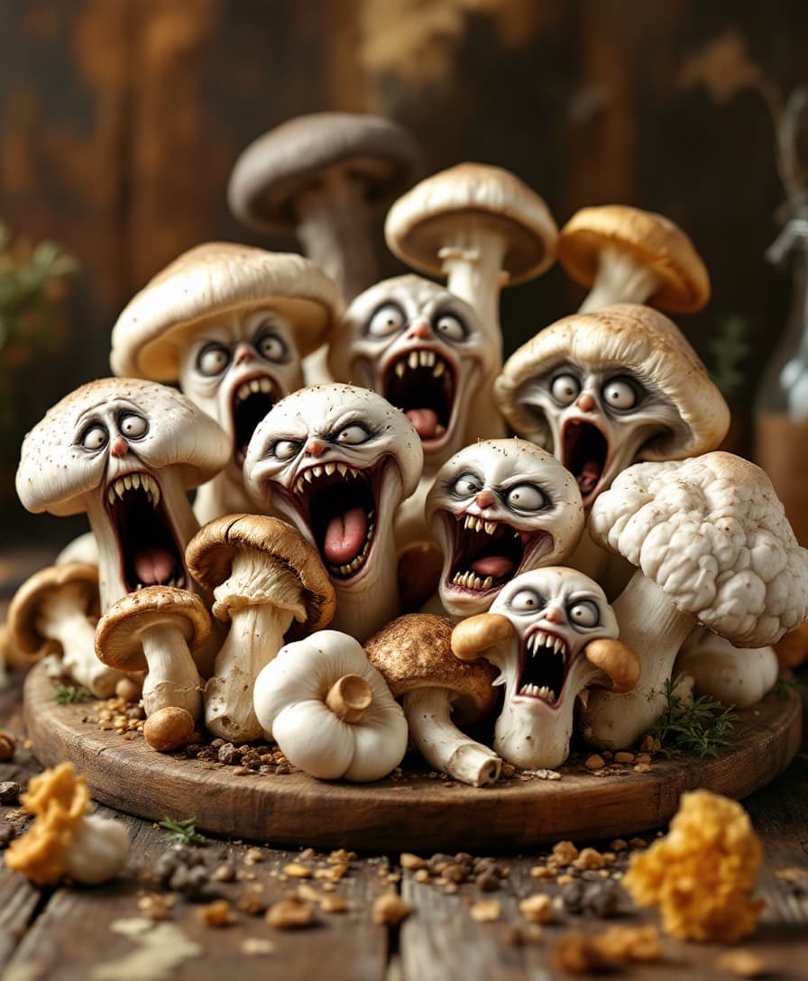 Create an ultra-realistic, high-definition image of a variety of mushrooms artfully arranged on a rustic, wooden cutting board. The mushrooms should be depicted with meticulous detail, showcasing different species with varied textures like the gills of portobellos, the caps of button mushrooms, and the wrinkled appearance of chanterelles. Each mushroom is animated, with faces contorted in expressions of panic and terror, mouths wide open as if screaming. 

- **Artistic Style**: Photorealism with elements of surrealism to capture the mushrooms' human-like expressions.
- **Lighting**: Use soft, natural lighting to enhance the realism, with highlights and shadows that accentuate the textures of both the mushrooms and the cutting board.
- **Color Palette**: Earthy tones for the mushrooms, ranging from deep browns to creamy whites, with a wooden backdrop in warm, aged browns. The contrast should highlight the vividness of the mushrooms' 'screams'.
- **Composition**: Position the cutting board centrally, with the mushrooms spread out in a dynamic, yet natural arrangement. The camera angle should be slightly overhead, capturing the entirety of the scene while focusing on the individual expressions of the mushrooms.
- **Mood and Atmosphere**: An unsettling yet humorous atmosphere, as if the viewer has stumbled upon an unexpected scene of mushroom panic. The mood is light-hearted yet slightly eerie, with the ambient sounds of forest and kitchen blending in the background.
- **Technical Aspects**: Employ techniques like depth of field to blur the background slightly, focusing the viewer's attention on the mushrooms. Use high-resolution rendering to capture every detail from the wood grain of the cutting board to the fine details of the mushrooms' 'screams'.

Ensure all elements coalesce into a single, believable scene that blends the surreal with the mundane.
