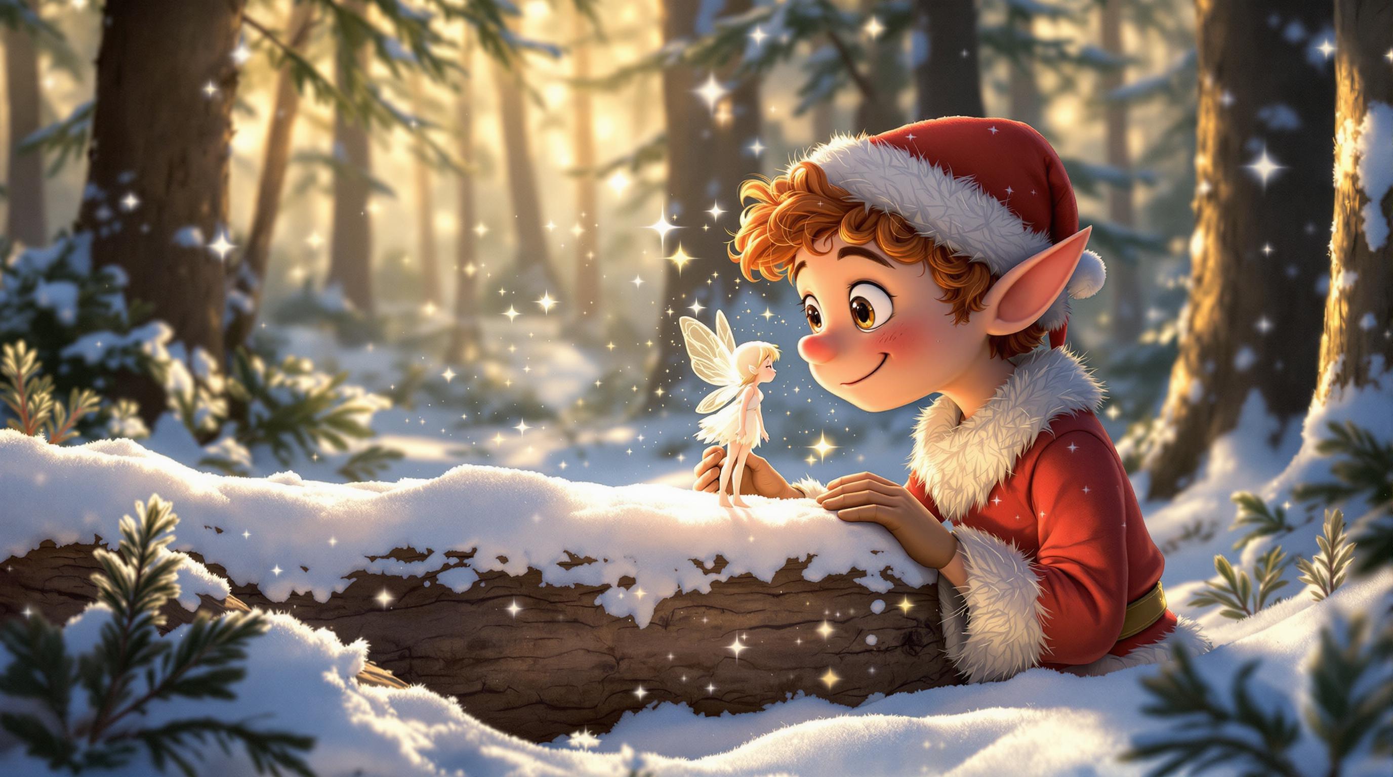 A realistic illustration of a young Santa Elf with big eyes, freckles, and red hair curled in battle. He looks in wonder at a little light fairy standing on a log covered in snow, with stars and fairy dust. The elf gently approaches the fairy to kiss her on the forehead. Sunlight filters through the trees on the snow-covered forest scenery.
