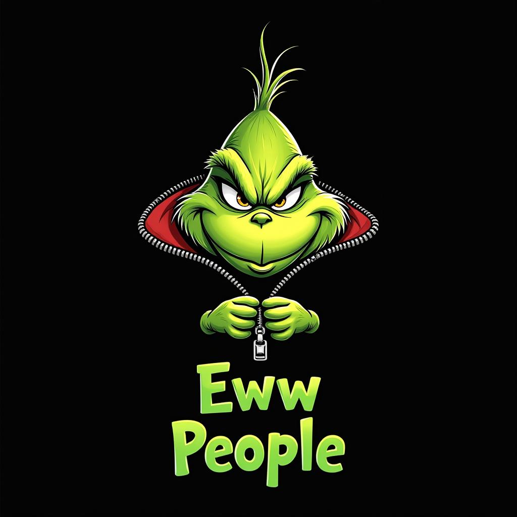 CGI image of the Grinch's head inside of an opening zipper with his hand on the zipper pull at the bottom. The text 'Eww People' in a Green Dr. Suess font is written. solid black background.