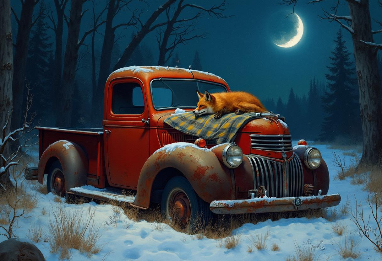 hyperrealism alcohol oil illustration. an old red rusted pickup truck abandoned in the woods. night, crescent moon, stars, snow. a fox asleep on an old blanket on the hood of the truck.