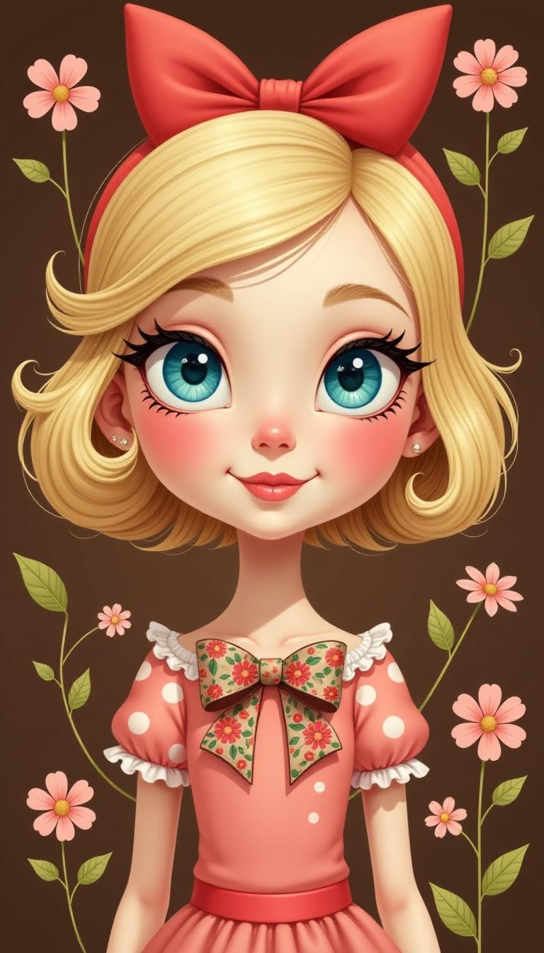 This image is a stylized illustration of a girl with exaggerated features that are typical in caricature or fantasy art. The girl has large, expressive blue eyes with long, curled eyelashes, and her eyebrows are thick and arched. Her hair is short and bobbed, with a distinct side parting, and its a light blonde color. On top of her head, theres a large red bow that stands out against her hair.She has a fair complexion with rosy cheeks and a small, upturned nose. Her lips are painted a soft pink, and she has a gentle, content smile. The girl is wearing a shortsleeved, polkadotted pink dress with a ruffled collar. Around her neck, she has a large, ornate bow with a floral pattern in a shade of brown, which adds a touch of elegance to her outfit.The background of the image is a rich, dark brown, which contrasts sharply with the bright colors of the girls hair, bow, and dress. There are scattered pink flowers with green leaves, and small white flowers that resemble daisies, which add a touch of whimsy to the composition. The flowers are drawn in a simple, stylized manner, with a focus on their shapes and colors rather than detailed petals or textures.The overall art style of the image is reminiscent of pop art or contemporary illustration, with a focus on bold lines, bright colors, and a playful, charming subject. The medium appears to be digital, given the smooth gradients and lack of texture, although the artist has used shading and highlights to give depth and dimension to the girls features and the flowers.
