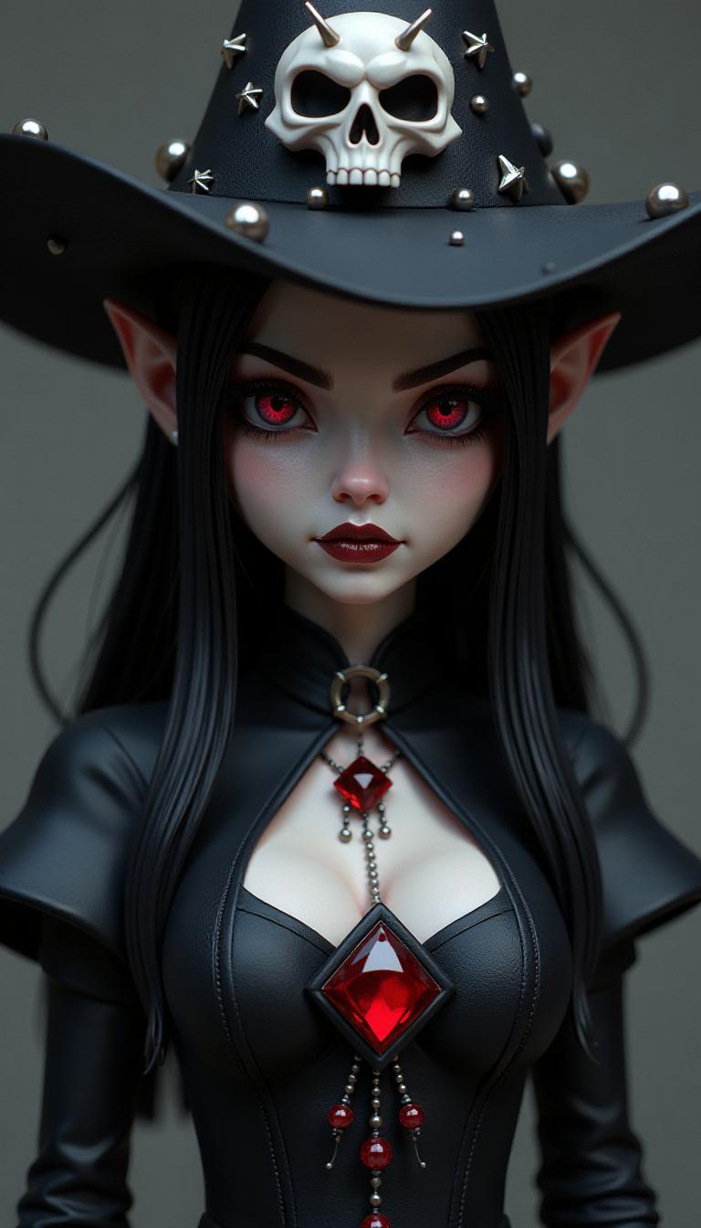 This image is a closeup of a stylized, threedimensional character that appears to be a female figure. The character is wearing a dark, gothic outfit with a high, pointed hat that has a skull motif at the top. The hats brim is wide and black, with a few small, starlike embellishments scattered around.The characters skin is a pale white, and her eyes are a deep, bloodred, which gives her a somewhat menacing appearance. Her eyebrows are thick and dark, and her lashes are long and curled, adding to the intensity of her gaze. Her lips are painted a deep, rich red, and her expression is one of stern determination or anger.She is wearing a black, highnecked dress with a fitted bodice that is adorned with a large, squareshaped, red gemstone in the center. The dress has a flared skirt that drapes elegantly around her figure, and it is embellished with a cascade of smaller red gemstones and beads that hang down her back.The overall art style of the image is reminiscent of fantasy or gothic art, with a focus on detailed textures and a threedimensional quality. The medium appears to be a digital rendering, given the smooth gradients and lighting effects.The colors in the image are primarily dark and moody, with a stark contrast between the pale skin, the deep reds of the eyes and lips, and the black of the outfit. The red gemstones add a pop of color to the otherwise monochromatic scheme, and the lighting in the image gives a sense of depth and shadow, enhancing the gothic feel of the characters appearance.