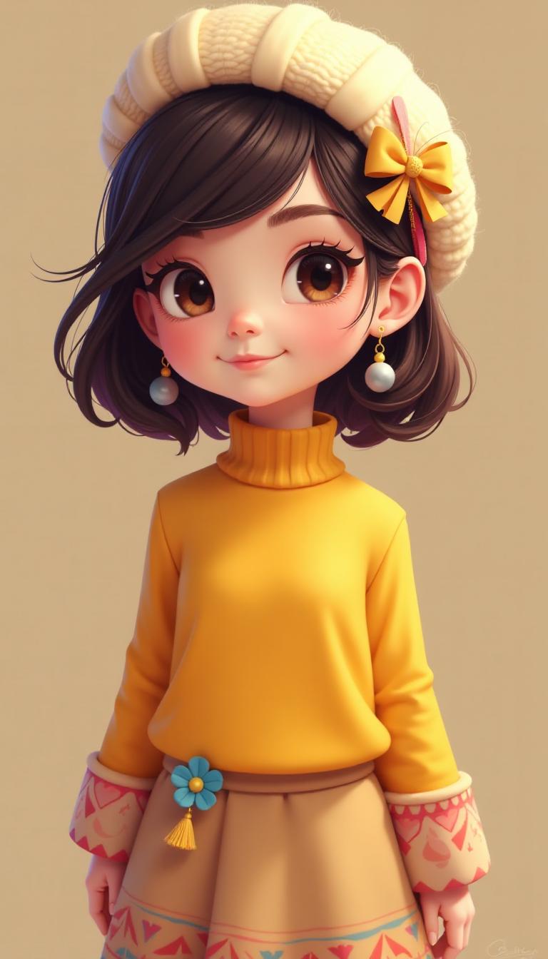 This image is a digital illustration of a stylized character with a very detailed and expressive appearance. The art style is reminiscent of contemporary digital painting techniques, with a focus on smooth gradients and soft shading that gives the character a threedimensional form.The medium appears to be a digital painting software, given the clean lines and lack of texture that one might find in traditional mediums like oil or watercolor. The colors are vibrant and carefully chosen to create a harmonious and inviting palette. The character is wearing a yellow top with a high neckline and long sleeves, detailed with a patterned cuff at the wrist. The top is paired with a skirt that has a similar pattern and color scheme, with a gradient of colors at the hem, transitioning from a light to a darker shade.The character is accessorized with a creamcolored beret, adorned with a pink bow on the side and a blue flower at the front. The beret has a soft, knit texture that is rendered with a realistic sheen, indicating a woolen material. The beret is complemented by a pair of earrings, one with a large yellow bead and the other with a smaller gray bead, both hanging from delicate chains with tassels.The background is a simple, neutral brown, which serves to highlight the character and her clothing. The lighting in the image is soft and diffused, casting a gentle glow on the characters face and highlighting the textures of her clothing and the beret. The overall effect is one of warmth and coziness, with a touch of whimsy added by the characters large, expressive eyes and the playful accessories.