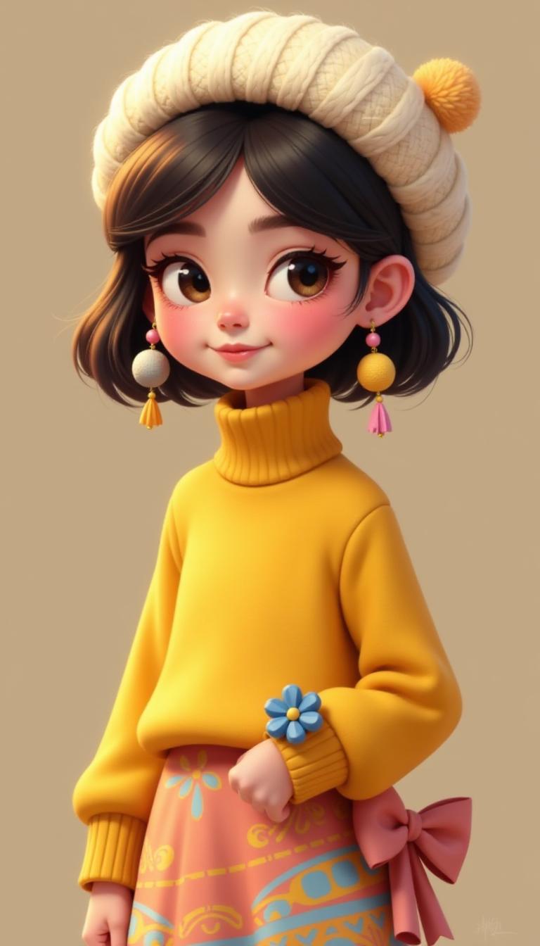 This image is a digital illustration of a stylized character with a very detailed and expressive appearance. The art style is reminiscent of contemporary digital painting techniques, with a focus on smooth gradients and soft shading that gives the character a threedimensional form.The medium appears to be a digital painting software, given the clean lines and lack of texture that one might find in traditional mediums like oil or watercolor. The colors are vibrant and carefully chosen to create a harmonious and inviting palette. The character is wearing a yellow top with a high neckline and long sleeves, detailed with a patterned cuff at the wrist. The top is paired with a skirt that has a similar pattern and color scheme, with a gradient of colors at the hem, transitioning from a light to a darker shade.The character is accessorized with a creamcolored beret, adorned with a pink bow on the side and a blue flower at the front. The beret has a soft, knit texture that is rendered with a realistic sheen, indicating a woolen material. The beret is complemented by a pair of earrings, one with a large yellow bead and the other with a smaller gray bead, both hanging from delicate chains with tassels.The background is a simple, neutral brown, which serves to highlight the character and her clothing. The lighting in the image is soft and diffused, casting a gentle glow on the characters face and highlighting the textures of her clothing and the beret. The overall effect is one of warmth and coziness, with a touch of whimsy added by the characters large, expressive eyes and the playful accessories.