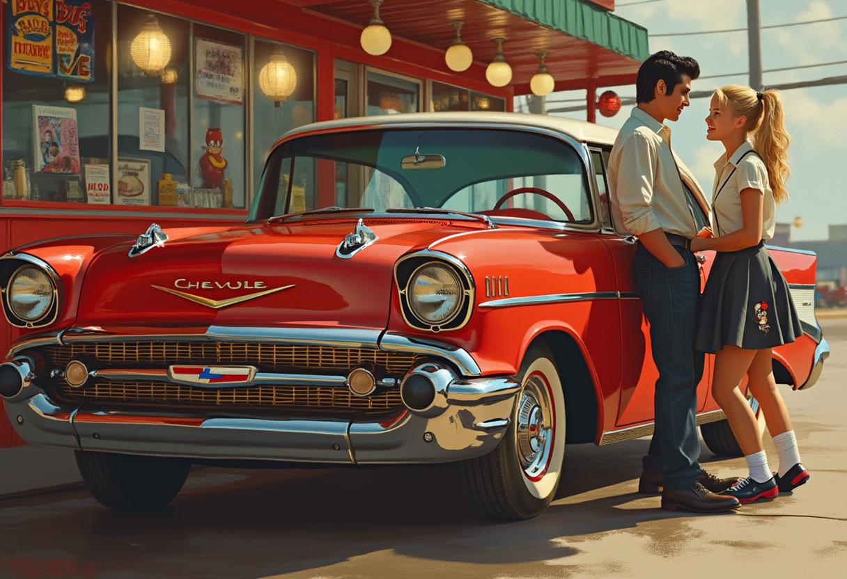 A detailed image of a red 57 Chevy seen from  the side. Standing next to the Chevy is a young man with black hair  slicked back in the style of Elvis. Beside the car is a teenage girl  with a blond ponytail and wearing a skirt with an applique poodle on it,  saddle shoes and white socks. Background is a diner. Realistic.