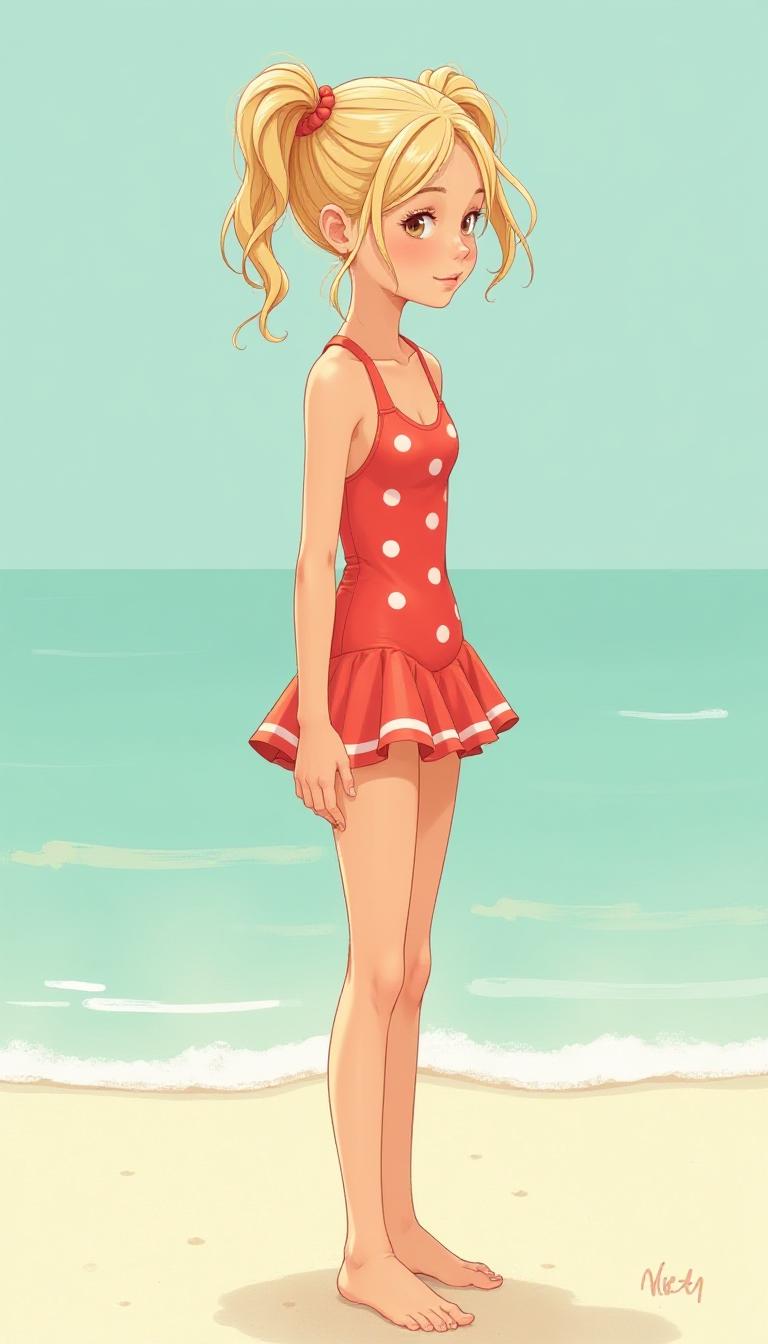 This image is a digital illustration, characterized by a loose and expressive line work that gives it a sketchlike quality. The medium appears to be a digital pen tool, as evidenced by the clean lines and the absence of traditional brush strokes.The subject of the image is a young girl standing on a beach. She is depicted in profile, with her body turned slightly to the right, giving us a view of her profile and her left side. The girl has blonde hair styled in two pigtails, secured with what looks like red bands. The hair is drawn with a few loose strands falling around her face, adding to the casual and breezy feel of the scene.She is wearing a red swimsuit with a playful white polka dot pattern. The swimsuit has a fitted bodice with thin straps and a ruffled hem that flares out slightly, giving a youthful and carefree vibe. The girls arms are bare, and her hands are gently resting on her waist, further emphasizing her slender figure.The background of the image is a soft wash of blues and greens, suggesting the calmness of the ocean and the sky. The beach is depicted with a light sandy texture, and the horizon line is subtly indicated by a faint line of foam at the waters edge. The overall color palette is quite muted, with a predominance of soft pastels, which contributes to the tranquil and serene atmosphere of the scene.