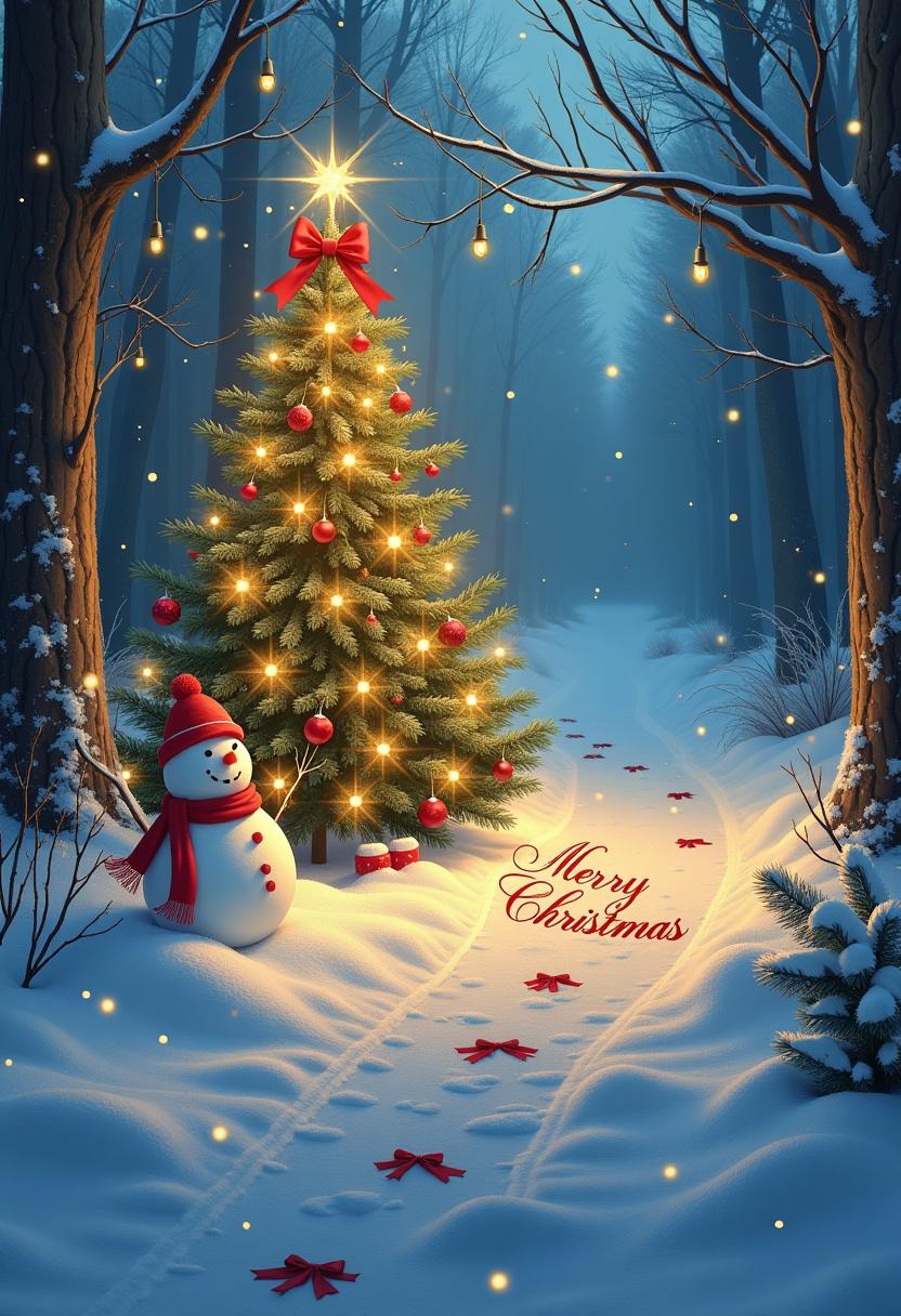 A hyperrealistic, digitally painted Christmas card depicting a snow-covered path leading to a brightly lit Christmas tree, with a scroll tied with a red ribbon bearing the words "Merry Christmas" in elegant script.  The scene is set in a winter wonderland forest, with falling snow and glowing lights. Include Christmas ornaments, snowman and a festive atmosphere, highly detailed.