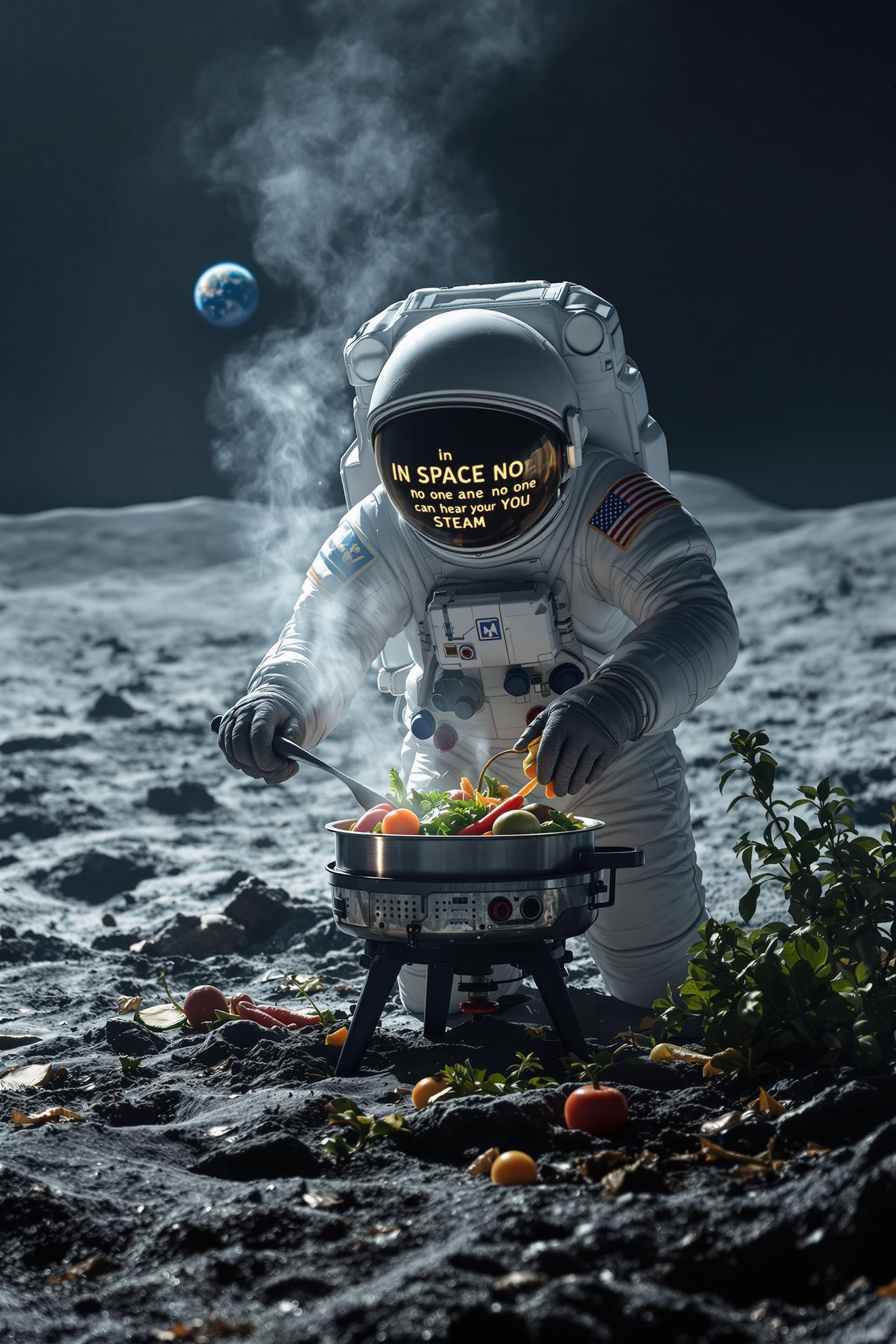 Create this cinematic photo. On the lunar surface. An astronaut uses a steamer to cook vegetables. The scene is dimly lit, and mist hangs in the air. Earth can be seen in the background. Add the words "In Space no one can hear you STEAM"