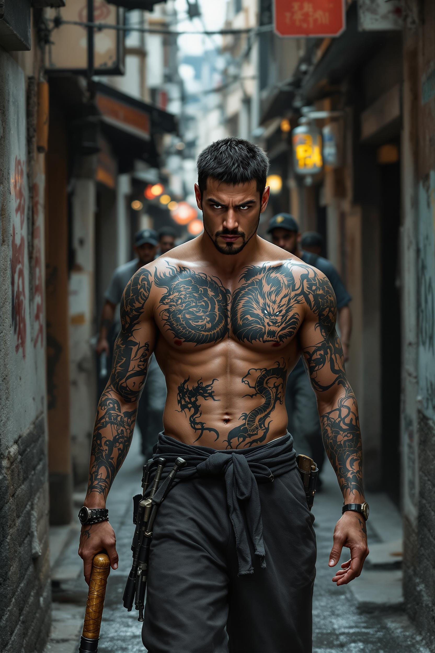 Ultra HD. Ultra realistic photos with high resolution and very high image clarity. A young Japanese man with tattoos all over his body and a large dragon tattoo on his stomach walks down a narrow alley with a rugged face in a corner of the city. In front of baseball bats and men are several men with sharp weapons, depicted like a scene from an action movie