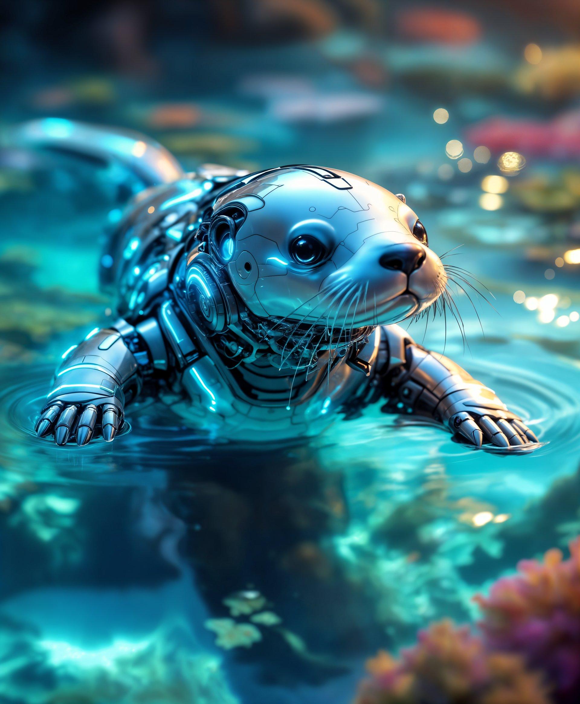 masterpiece, best quality, highres, sharp image, more detail, masterpiece, best quality, highres, sharp image, more detail, A hyper-realistic portrait of a sleek, futuristic mecha Otter, its body crafted from polished chrome and iridescent materials, gliding gracefully on its back through the vibrant, translucent waters of an alien sea. **Visual Details**: The mecha Otter's design incorporates intricate mechanical parts, with visible gears and pistons, accented by bioluminescent stripes that glow softly, casting a gentle light in the water. Its eyes are piercing, with a hint of sentience, reflecting the serene, otherworldly environment. The water around it is crystal clear, teeming with exotic, neon-colored aquatic flora and fauna. **Style**: Inspired by cyberpunk aesthetics and the meticulous detail of neo-futurism, capturing the essence of advanced technology in harmony with nature. **Composition**: The mecha Otter is central, its body slightly angled to showcase its mechanical intricacies, with the camera positioned just above the water surface, capturing the Otter from a low angle to emphasize its grandeur and the depth of the sea. **Mood and Atmosphere**: The scene evokes a sense of tranquility and exploration, with the setting sun casting long, shimmering rays through the water, creating a surreal, almost dreamlike atmosphere. **Technical Aspects**: Use of shallow depth of field to blur the background, highlighting the mecha Otter, with motion blur to simulate the gentle movement of the water and the Otter's floating.