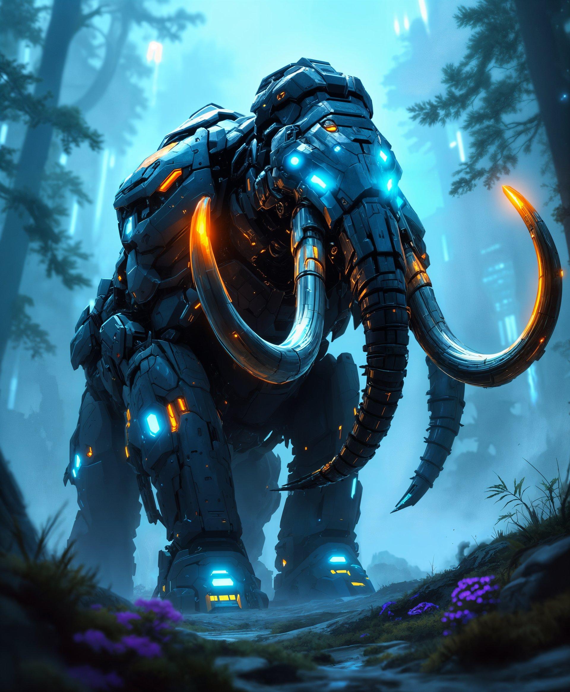 masterpiece, best quality, highres, sharp image, more detail, masterpiece, best quality, highres, sharp image, more detail, A highly detailed digital painting of a **mecha Mammoth** in the **futuristic wild**:

- **Visual Details**: The mecha Mammoth is constructed from a sleek, metallic alloy with intricate hydraulic systems visible through semi-translucent panels. Its tusks are replaced by glowing, energy-based weapons, and its eyes are illuminated with a vibrant neon blue. The fur is replaced with a rugged, textured surface mimicking fur patterns, but made of advanced materials for camouflage in the wild. 

- **Style**: The image should be in a **cyberpunk** style, with a mix of high-tech elements and organic forms, reminiscent of Syd Mead's futuristic designs, but with a touch of biomechanical art.

- **Composition**: The mecha Mammoth stands majestically at the center of the composition, its silhouette against a backdrop of towering, neon-lit trees and holographic foliage. The camera angle is low, looking up at the mammoth to emphasize its grandeur and power.

- **Mood and Atmosphere**: The scene captures the **mystique and awe** of encountering a giant, futuristic creature in its natural, albeit technologically advanced, habitat. The atmosphere is misty with light rain, creating a moody, cyberpunk wilderness with soft, diffused lighting highlighting the mecha parts.

- **Technical Aspects**: Utilize **depth of field** to focus on the mecha Mammoth while the background has a slight blur, giving a sense of depth and scale. Employ **high dynamic range** lighting to enhance the contrast between the dark, lush environment and the glowing, mechanical parts of the mammoth.

- **Cohesion**: The entire scene should blend futuristic technology with the raw, untamed nature, creating a believable ecosystem where advanced technology and wildlife coexist harmoniously.