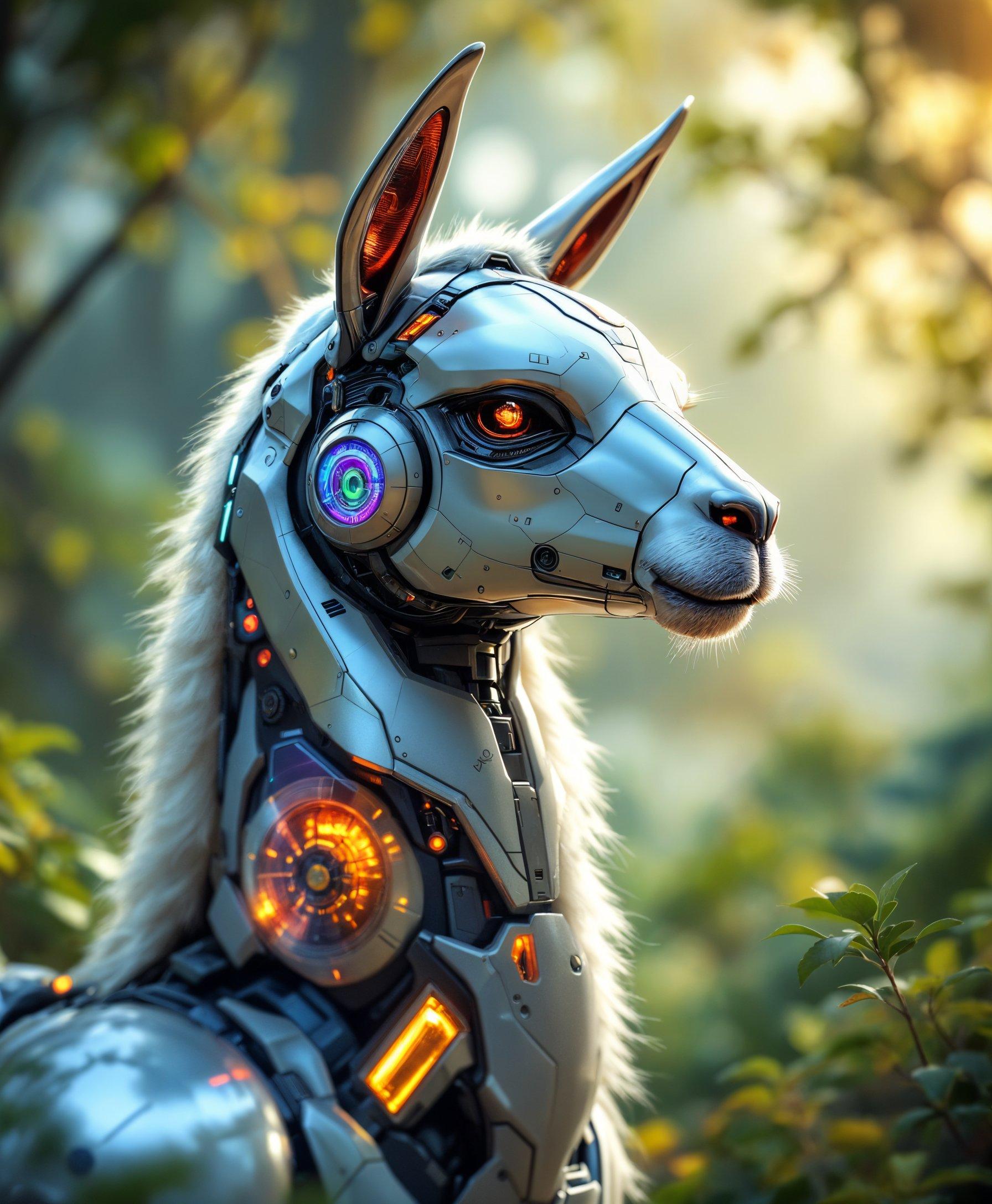 masterpiece, best quality, highres, sharp image, more detail, A highly detailed **portrait** of a **mecha Llama** in the **futuristic wild**, with:

- **Visual Details**: 
  - The mecha Llama's sleek, metallic exterior with **intricate mechanical components** visible through **translucent armor panels**, reflecting the **vivid colors** of the environment.
  - **Textures**: Smooth, high-gloss surfaces contrasted with **textured, rugged** landscapes.
  - **Lighting**: **Soft, diffused sunlight** filtering through **cybernetic trees**, creating **dynamic shadows** and **reflections** on the mecha Llama's body.

- **Style**: 
  - **Photorealistic** with elements of **cyberpunk aesthetics**, capturing the **high-tech** nature of the mecha Llama against an **overgrown, post-apocalyptic wilderness**.

- **Composition**: 
  - The mecha Llama is **centered** in the frame, **facing slightly to the left**, suggesting movement through the terrain. 
  - **Camera Angle**: Low to emphasize the grandeur and scale of the mecha Llama, with a **wide angle** to capture the **expansive, futuristic landscape**.
  - **Depth of Field**: Shallow focus to keep the mecha Llama sharp, with the background **softly blurred**, enhancing the **sense of depth**.

- **Mood and Atmosphere**: 
  - The scene exudes **mystique and wonder**, set in the **early morning** with **misty, vibrant colors** of a **futuristic dawn**. 
  - **Weather**: A light **fog** envelops the scene, creating an **otherworldly atmosphere**.

- **Technical Aspects**: 
  - **Bokeh** effect in the background to **isolate the subject**.
  - **High Dynamic Range** (HDR) to capture the contrast between the **mecha's bright, reflective surfaces** and the **darker, mysterious wild**.
  - **Motion Blur** subtly added to the mecha Llama's legs to imply **movement**.

- **Cohesion**: 
  - All elements contribute to a **harmonious blend** of **futuristic technology** and **untamed nature**, creating a **believable, immersive scene** where technology and nature coexist.