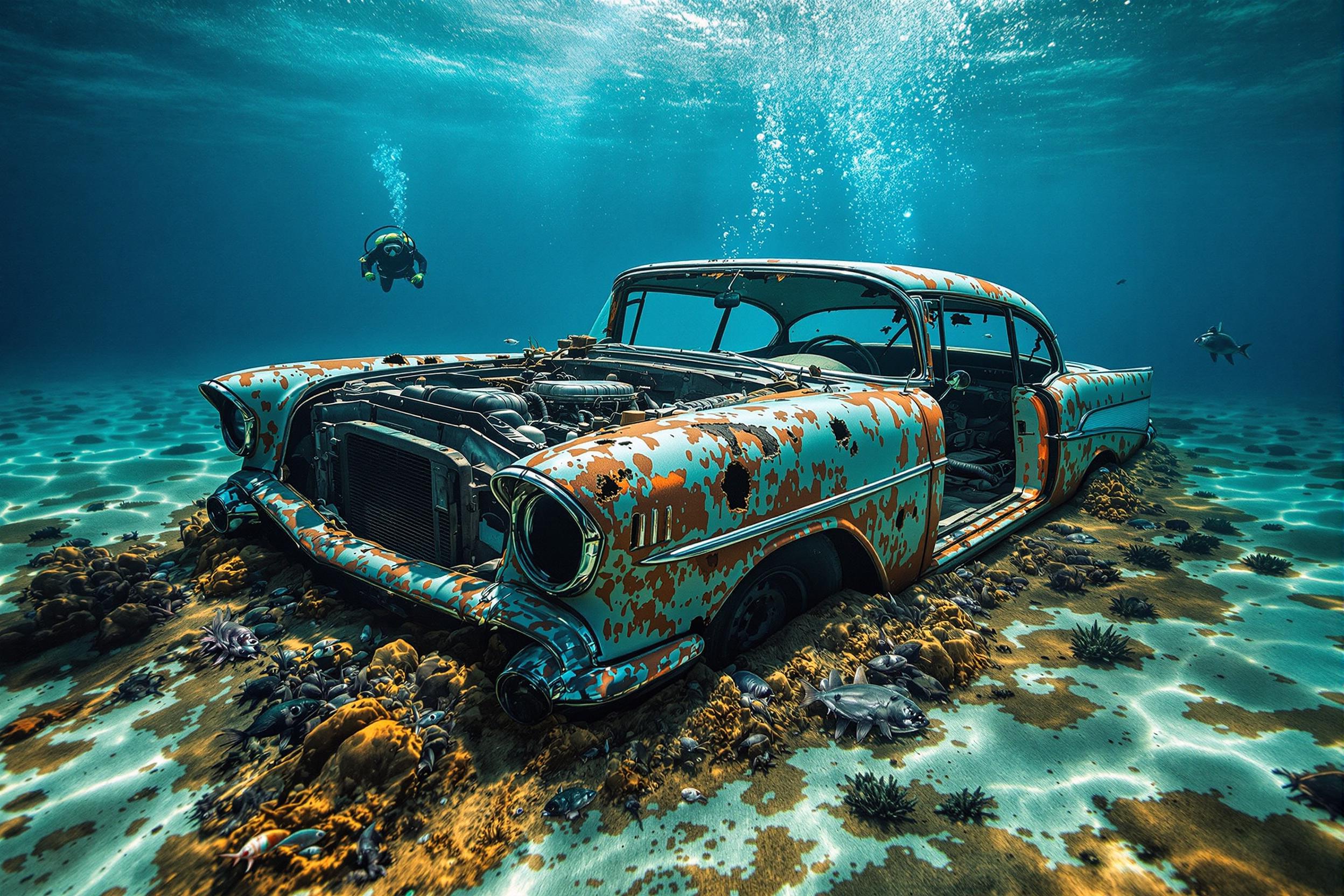 Digital noise free, sting shot, 300 dpi, uhd, hyperrealistic photography of a 1957 Chevrolet Impala. Hood lifted, engine looks, rusty, rusty, holes in the sheet, missing rims, wheels, tires. Doors are open. Submerged in sand beneath the depths of the sea, totally covered in marine sediment, algae and marine life between deep blue waters. Two divers and tiny little silverfish swimming around. All within the focus. Tiny, tiny air bubbles. Sunlight seeps through, through the water, penetrating into the depths. National Geographic style.
