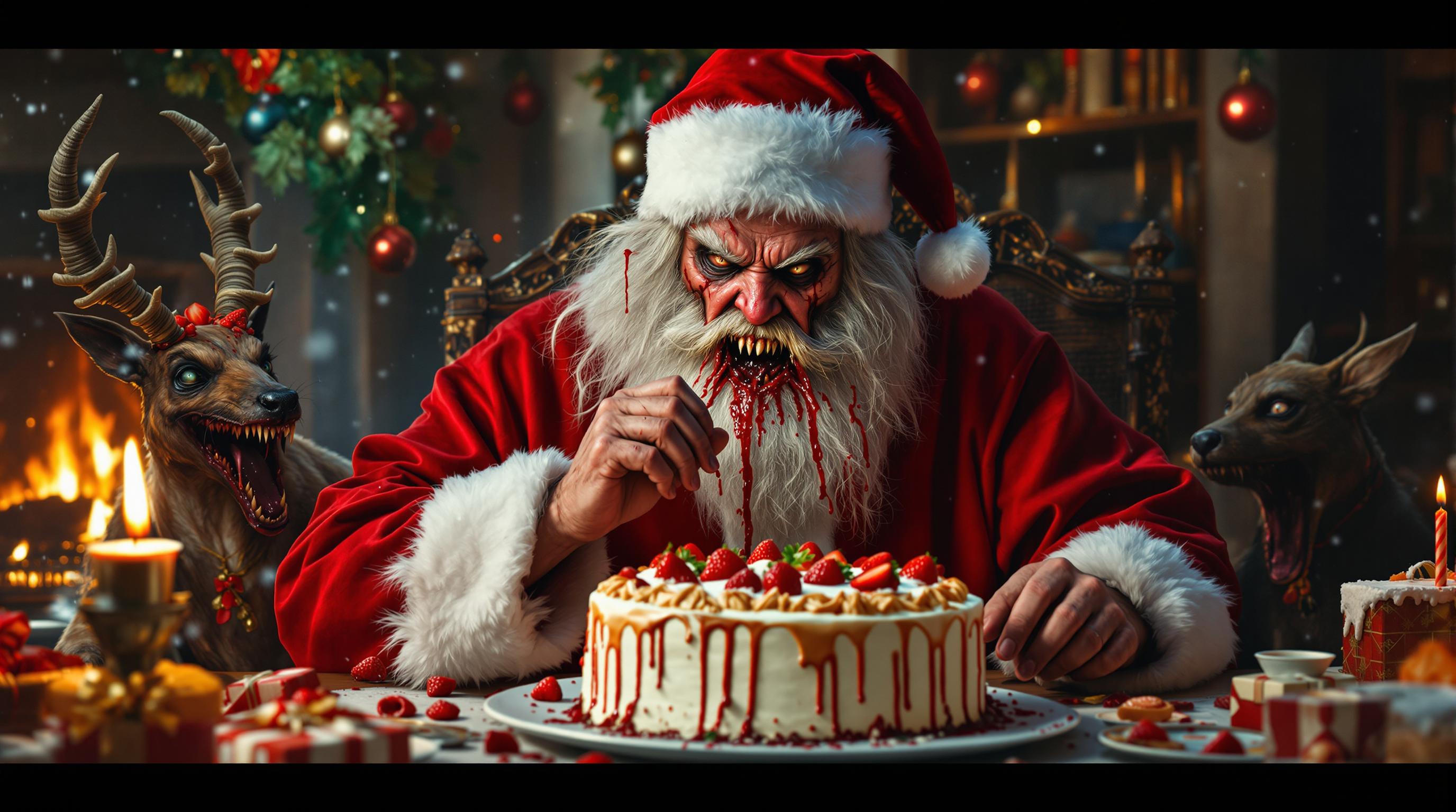 photorealistic, cinematic, eerie, evil santa eating strawberry cake , , evil raindeers blod dripping mouths, , scifi sledge, evil goblin kids, candy , cake, toys,  steal presents, chimney, fireplace, living room, evil fireplace, evil cristmast decorations, evil labricorns, evil fammely, evil labricorn kids, evil cat, evil dog, evil cristmas, horror, snow, a sign that reads " Evil Cristmast" a sign that reads " Bad Santa" a sign that reads " Consume, buy more" a sign that reads "Poor poor" a sign that reads " Eat more" rotten cristmas food, poperty, welth, difference, 