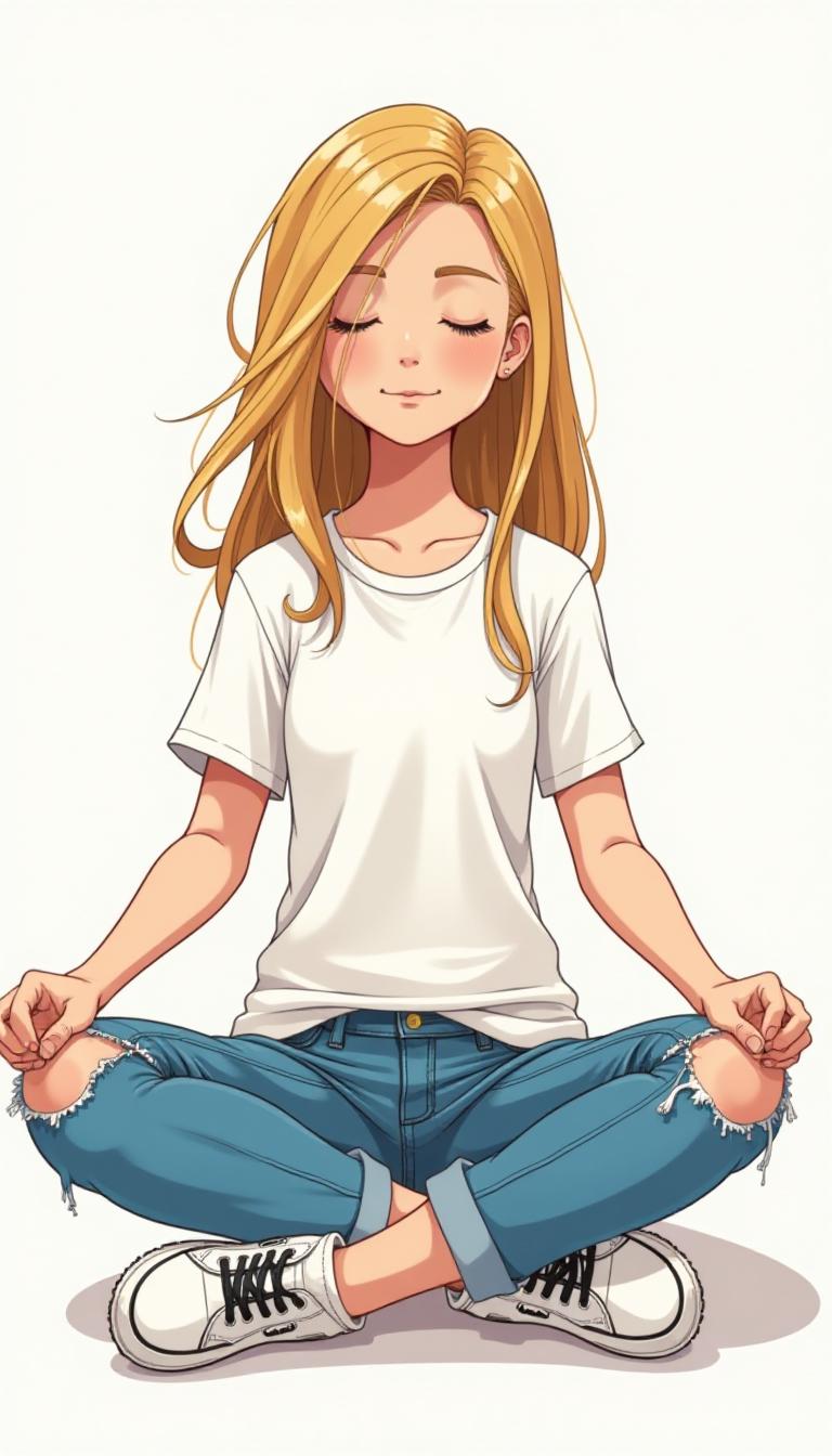 Cartoon.The subject of the illustration is a person seated crosslegged on the floor. The person is wearing a casual, white, shortsleeved tshirt with a relaxed fit and a few inklike spots, giving it a livedin appearance. The tshirt is tucked into distressed blue jeans that are torn at the knees, revealing skin and adding to the overall casual, carefree vibe of the characters outfit.The jeans are paired with classic white sneakers featuring black laces and a simple design. The shoes are positioned flat on the floor, with the toes slightly curled, as if the character is resting or perhaps just sitting down.The characters hair is long and flows freely, with strands sticking out in various directions, giving the hair a sense of movement and untamed energy. The hair color is a warm, honey blonde, with some highlights that suggest sunlight or a light source coming from the top left of the image.The characters facial features are not visible, which focuses the viewers attention on the body language and the overall posture. The arms are resting on the knees, and the hands are placed flat on the floor, with the fingers slightly curled. The posture is relaxed and open, with the legs crossed in a traditional lotus position, which often signifies tranquility and meditation.