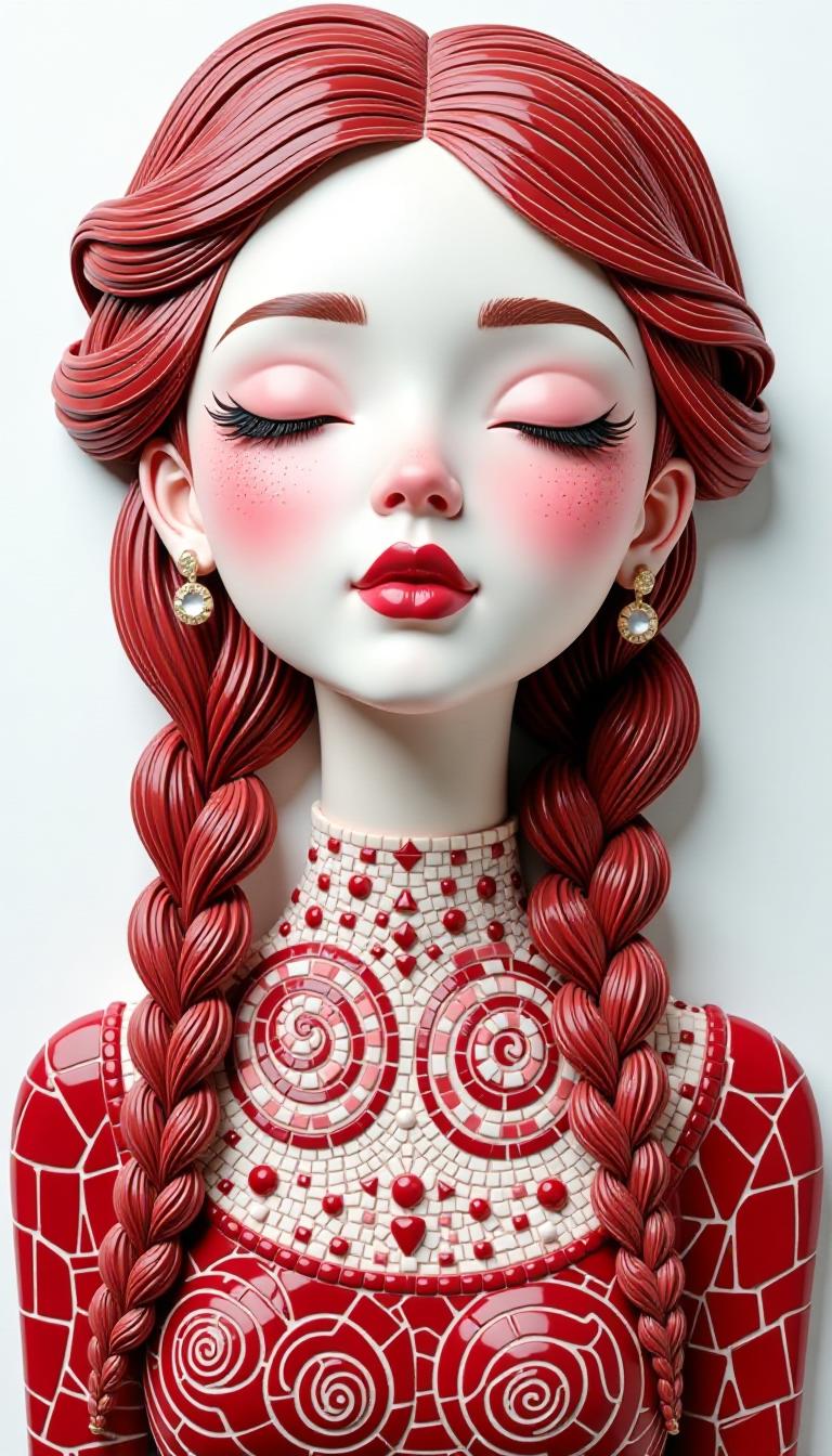 A 3D illustration of a female face with a thoughtful expression and closed eyes. The face is made of mosaic tiles in brilliant ruby red, white, and soft white. The female face has long, wavy hair styled in braids and held in place by mosaic ruby red hairpins. The face is surrounded by a 3D dress decorated with spiral geometric shapes and mosaics in ruby red. The background is white. 