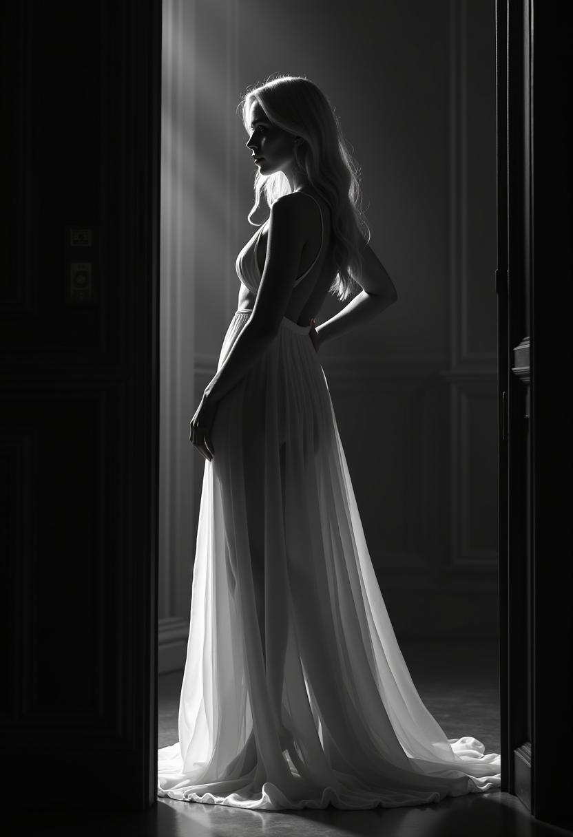 A stunningly beautiful **blonde woman** with a **slender, sensual figure** stands **poised in a dimly lit room**. She wears a **translucent white chiffon dress** that subtly reveals her form beneath, enhancing the **allure and mystique**. 

**Visual Details:**
- **Chiffon Dress:** The fabric is light and airy, flowing around her in a gentle cascade, creating a play of light and shadow that accentuates her silhouette.
- **Black and White:** The scene is rendered in a monochromatic palette with **high contrast**, where the whites glow and the blacks are deep and rich, capturing the essence of film noir.
- **Hair:** Her blonde hair cascades in loose, glamorous waves, framing her face with a soft glow.

**Style:**
- **Sin City Movie Style:** The image captures the essence of the movie's **stylized noir** aesthetic, with sharp contrasts and a focus on texture and form, inspired by the **Sin_City_Movie_Style_SDXL lora** to give it a unique, graphic novel-like quality.

**Composition:**
- **Subject Positioning:** She stands slightly to the side, one hand on her hip, her gaze directed away from the camera, inviting the viewer to ponder her thoughts or the scene beyond her.
- **Camera Angle:** A low-angle shot adds to her stature and allure, with the camera capturing her from below to enhance her presence.

**Mood and Atmosphere:**
- **Dark Room:** The room is shrouded in darkness, with only a few strategic light sources casting dramatic shadows, creating a mood of mystery and seduction.
- **Ambiance:** The ambiance is one of **intrigue and allure**, the dim lighting and high contrast giving the scene a dreamlike, almost otherworldly feel.

**Technical Aspects:**
- **Lighting:** Employ **chiaroscuro** techniques with stark contrasts between light and dark, highlighting her figure against the shadowy background.
- **Photography Technique:** Use of **long exposure** to capture the movement of the chiffon, creating a ghostly, ethereal effect around her form.

**Cohesion:**
- All elements are crafted to evoke a **seamless blend of reality and fantasy**, where the woman becomes an iconic figure in a timeless, yet instantly recognizable, noir setting.