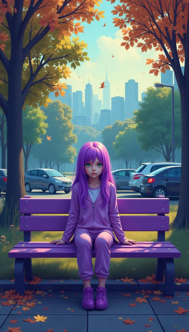 This image is a digitally created artwork that presents a surreal and stylized scene. The art style is reminiscent of a digital painting, with a focus on vibrant colors and a dreamlike quality. The medium appears to be a digital painting software, given the smooth blending of colors and the lack of texture that one might expect from traditional painting mediums.The colors in the image are bold and saturated, with a predominance of purples and blues that give the scene a cool and ethereal feel. The subject is looking at the camera, green eyes. The subjects hair is a striking shade of purple, which stands out against the softer tones of the clothing and the background. The bench and the subjects clothing are a shade of purple that complements the hair, while the background is a mix of greens and yellows, suggesting a setting that could be either early morning or late afternoon.The objects in the image include a purple bench on which the subject is seated, a variety of trees with detailed foliage, and a cityscape in the distance. The cityscape is composed of buildings and parked cars, which are rendered in a more subdued palette to contrast with the vivid foreground. There are also fallen leaves scattered on the ground, adding to the autumnal ambiance of the scene.The composition of the image is balanced, with the subject centrally placed and the background receding into a soft focus. 