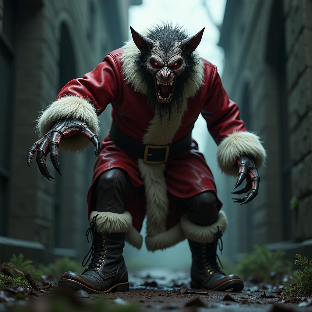 full body and legs: A cruel lycanthrope wears a torn, dirty leather Santa Claus costume and boots with his claws sticking out. He reaches towards the camera with his bony claws, it looks as if he wants to grab the picture, in the nightmarish realm of shadows.3d, ultra detailed, hyperrealistic, dramatic lighting, dark, mystical horror style, low angle