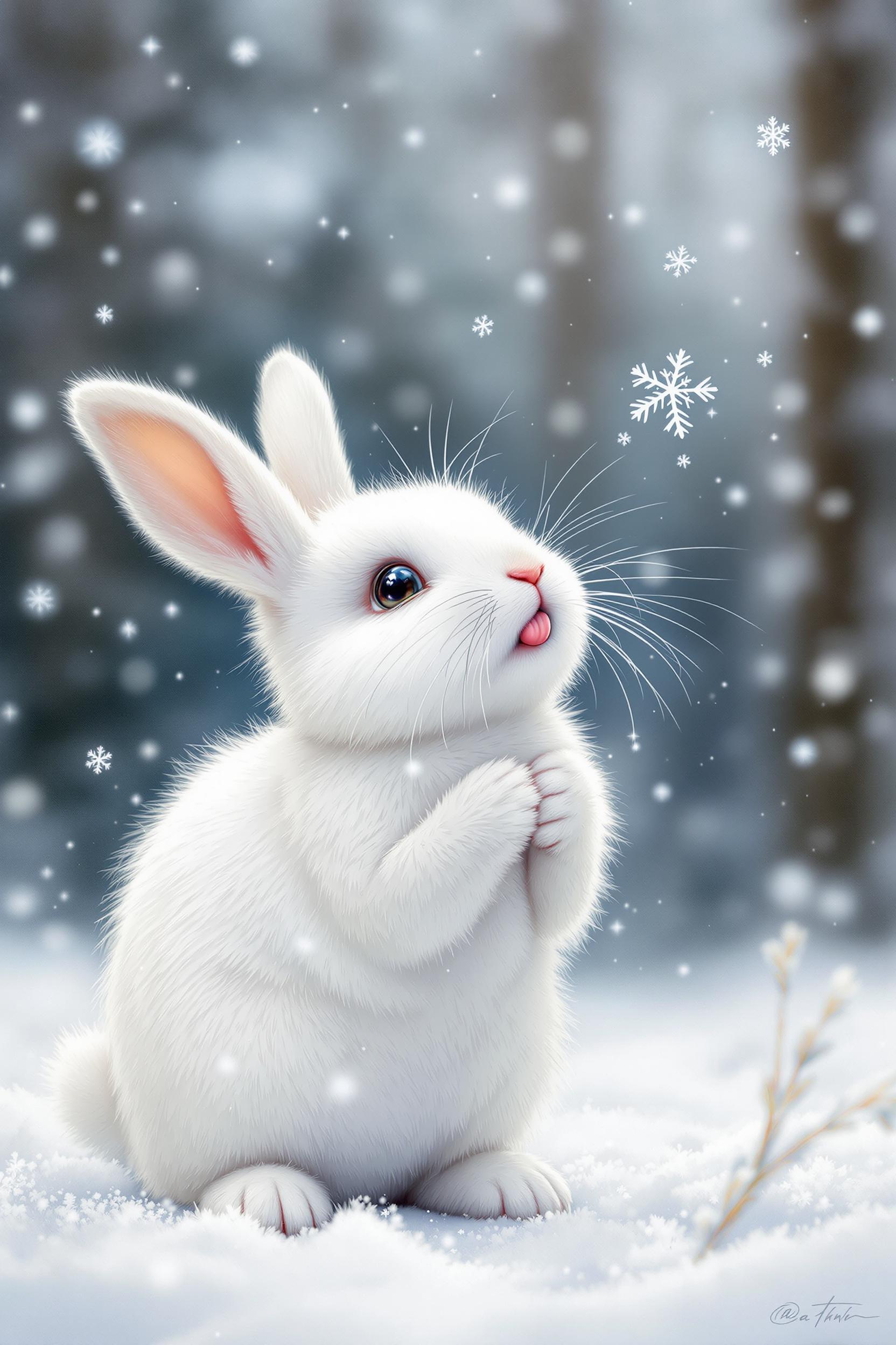hyperrealism inks alcohol oils. a cute baby white bunny poking it's tongue out trying to catch a very tiny beautiful snowflake that's floating right above its tongue. show full body. snowing, snowflakes, snow on the ground. blurred forest background.