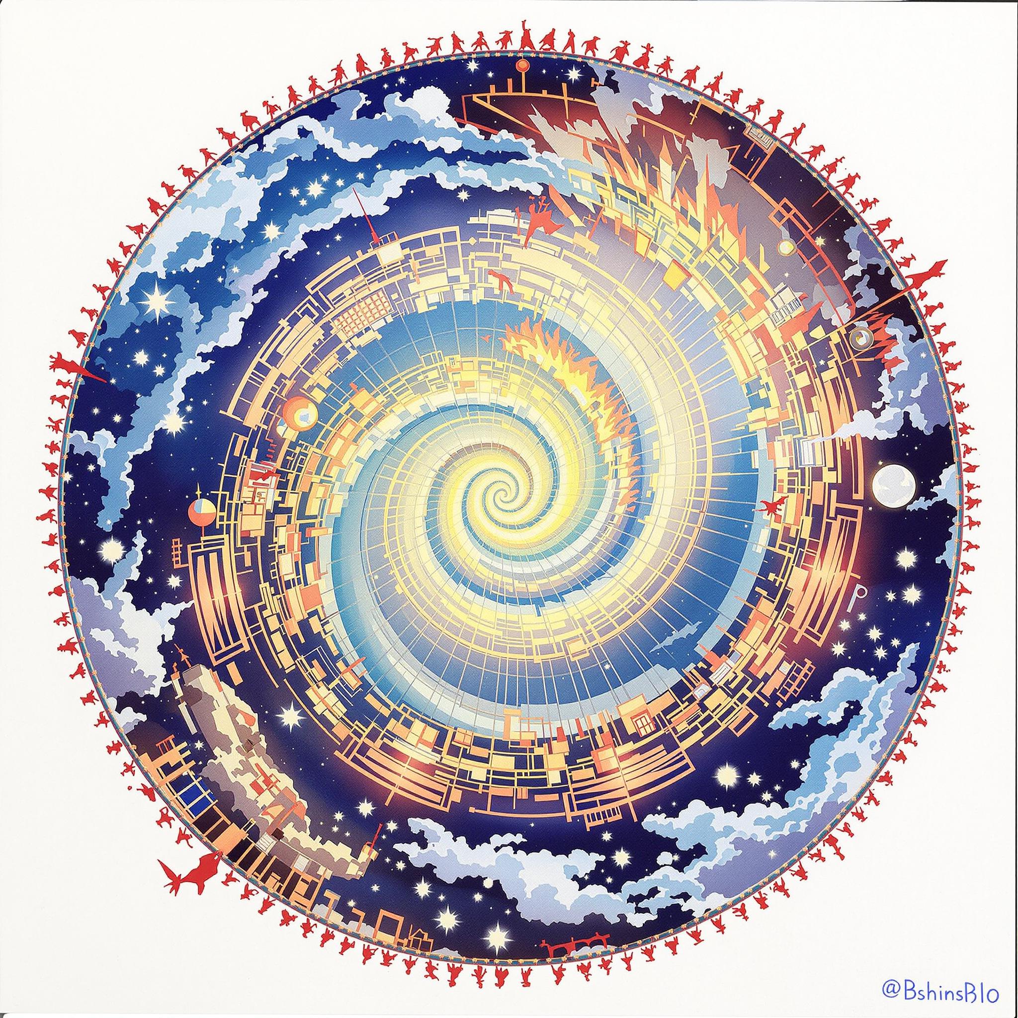 Round, like a circle in a spiral
Like a wheel within a wheel
Never ending or beginning
On an ever-spinning reel
Like a snowball down a mountain
Or a carnival balloon
Like a carousel that's burning
Running rings around the moon