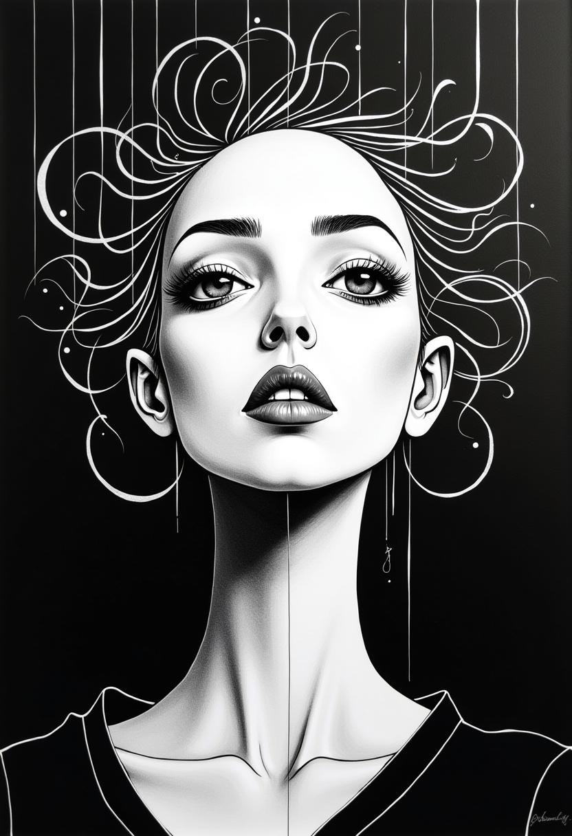 A mesmerizing abstract portrait of a female figure, reminiscent of Richard Hambleton's minimalistic style. The woman is depicted in a high contrast monochrome palette, with sharp lines and geometric shapes defining her features. Her eyes are exaggerated, and her hair is a striking combination of straight lines and swirls. The background is a dark void that accentuates the subject's strong presence, creating a compelling and striking visual experience.