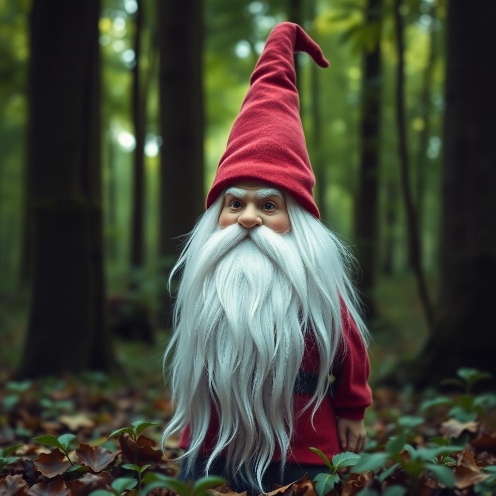 In a lush, verdant forest bathed in the soft, dappled light of an early morning, a wise and ancient gnome stands with an air of serenity. His long, flowing white beard cascades over his chest, each strand catching the light, giving it an almost ethereal glow. He dons a vibrant, emerald green tunic and a distinctive, tall, pointy hat adorned with intricate, golden embroidery reminiscent of the Renaissance era, adding a touch of whimsy and tradition to his attire. 

The scene captures him from a low angle, looking up to emphasize his stature against the towering trees around him, their trunks thick with moss and bark, and leaves whispering in the gentle breeze. The composition places him slightly off-center, creating a natural frame with the foliage and forest floor, rich with fallen leaves and small, hidden mushrooms. 

The lighting is soft, filtering through the canopy, casting a warm, golden hue over the scene, suggesting a tranquil, almost magical atmosphere. The style evokes the detailed, realistic textures of pre-Raphaelite paintings, with attention to the play of light on the gnome's weathered face, the texture of his hat, and the intricate patterns of the forest environment. 

This portrait of the gnome should feel timeless, capturing a moment of peace in the heart of nature, where every element, from the dew on the leaves to the subtle smile in the gnome's eyes, contributes to an enchanting, cohesive narrative of wisdom and harmony with the natural world.