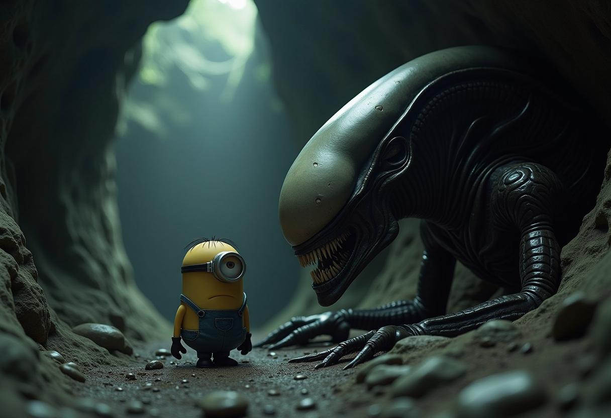 [hdr, film ], lifelike textures, abstract expressionist painting of (dull outdoor cave, photo of a close-up Xenomorph's head side view, face to face, two eyes Minion stands next to him with a bored face,dull and haunted, by alessio albi Dark Photo of Minion, very detailed, atmospheric haze, Film grain, cinematic film still, shallow depth of field, highly detailed, high budget, cinemascope, moody, epic, OverallDetail, gorgeous, 2000s vintage RAW photo, by NormanAckroyd,