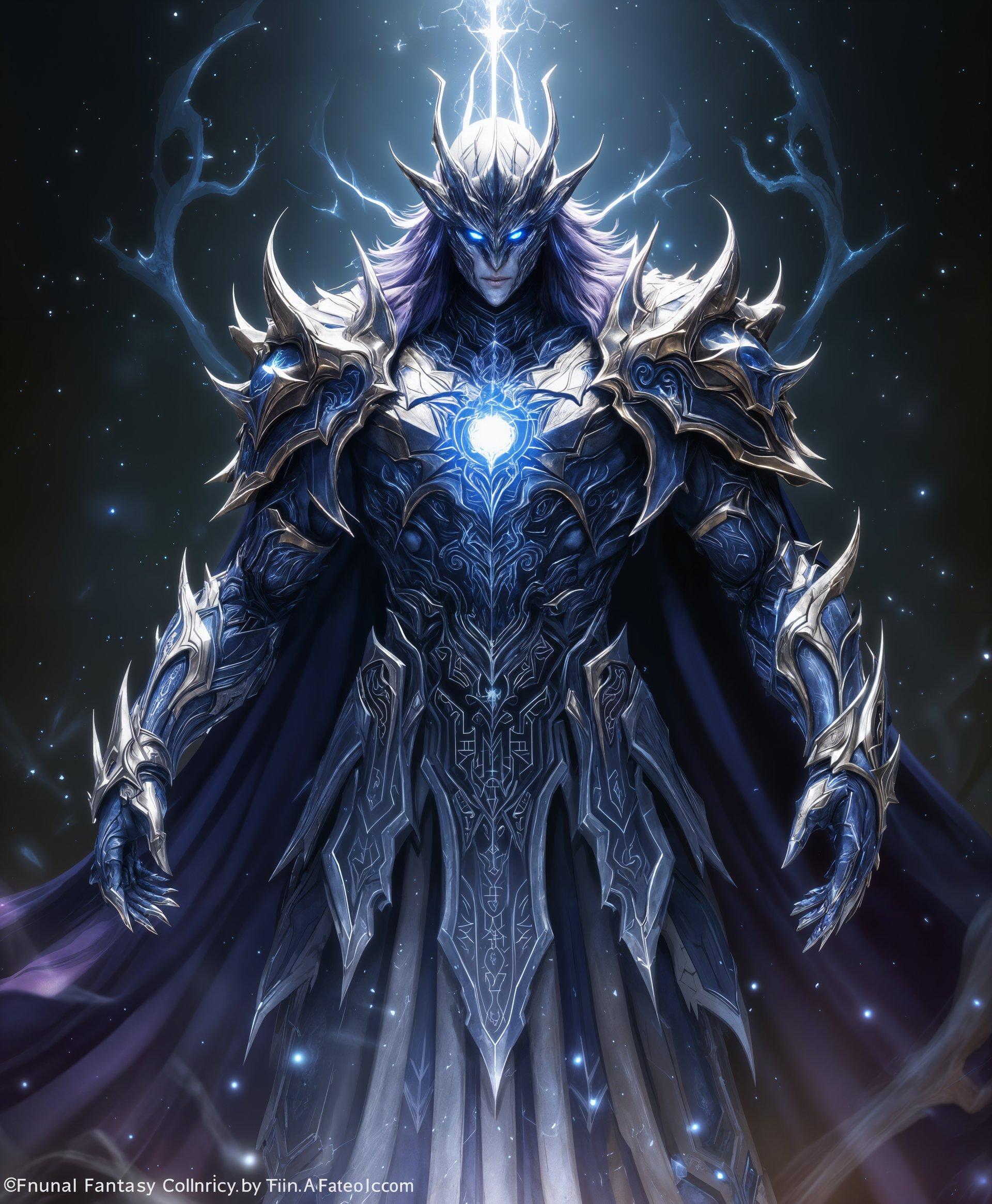 masterpiece, best quality, highres, sharp image, more detail, masterpiece, best quality, highres, sharp image, more detail, A highly detailed portrait of the Primal, **Fatebreaker**, from the *Final Fantasy* series, showcasing:

- **Visual Details**: 
  - **Appearance**: A majestic and imposing figure, with armor forged from the essence of fate itself, shimmering with an otherworldly glow. The armor features intricate, rune-like engravings that pulse with an inner light, symbolizing destiny and the flow of time. 
  - **Color Palette**: Dominant colors include deep indigo, celestial silver, and hints of cosmic purple, with accents of starlight white to emphasize the ethereal nature of Fatebreaker.
  - **Lighting**: Soft, diffused light that seems to come from within the Primal itself, creating an aura of mystique. Shadows are deep, adding depth and emphasizing the complexity of the armor.

- **Style**: 
  - The portrait should reflect a blend of *Renaissance* painting techniques with the detailed, fantastical elements typical of *Final Fantasy* artwork. Use chiaroscuro to highlight the dramatic elements of the scene.

- **Composition**: 
  - **Framing**: Close-up, focusing on the face and upper body, capturing the intensity of Fatebreaker's gaze directly at the viewer. The background should be abstract, suggesting a cosmic void or swirling time vortex, keeping the focus on Fatebreaker.
  - **Camera Angle**: Slightly low angle to give a sense of power and majesty to Fatebreaker.

- **Mood and Atmosphere**: 
  - The atmosphere is one of awe, mystery, and a touch of foreboding. The time of day is indeterminate, as if time itself bends around Fatebreaker, creating a timeless, almost otherworldly setting.

- **Technical Aspects**: 
  - **Focus**: Sharp focus on the eyes to convey the soul of the Primal, with the rest of the image slightly softer to maintain the ethereal quality.
  - **Depth of Field**: Shallow, to separate Fatebreaker from the abstract background, enhancing the sense of otherworldliness.
  - **Lighting Techniques**: Use of backlighting to create a halo effect around the figure, enhancing the divine aspect of the character.

- **Cohesion**: All elements should converge to create an image that not only captures the essence of Fatebreaker but also evokes the epic narrative and fantastical world of *Final Fantasy*, ensuring the viewer feels both the power and the mystery of this Primal.