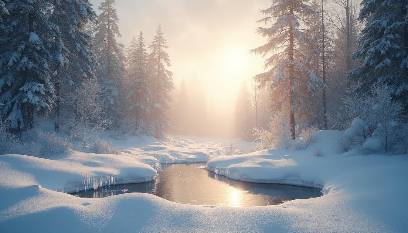 In a **winter wonderland**, visualize a serene, snow-covered landscape at **dawn**, with the first light of the sun casting a soft, golden glow over everything. The scene is dominated by **tall, snow-laden pine trees** whose branches are heavy with **crystals of frost**, reflecting light in a prismatic display. The ground is blanketed in a **fresh, undisturbed layer of snow** with intricate **snowflake patterns** visible where the light catches them. 

**Style:** Capture the scene in the style of **romantic landscape painting**, reminiscent of the works of Caspar David Friedrich, with a focus on the sublime beauty of nature. 

**Composition:** The camera is positioned at a **low angle**, looking up towards the trees, creating a sense of awe and majesty. The foreground should feature **a small, frozen pond** with **icicles hanging from its edges**, adding a layer of depth to the scene. 

**Mood and Atmosphere:** The mood is **peaceful and tranquil**, with the silence of the snow enhancing the feeling of isolation and solitude. The atmosphere is crisp, with the air filled with **soft, swirling snowflakes** gently falling, creating a **misty, ethereal veil** over the landscape.

**Technical Aspects:** Use **soft focus** to blur the background slightly, emphasizing the foreground elements. Employ **high dynamic range imaging (HDRI)** to capture the range of lighting from the bright sky to the shadowed snow, ensuring details are visible in all areas. 

This scene should evoke a **sense of wonder and calmness**, inviting the viewer to step into a moment of stillness within nature's grand design.