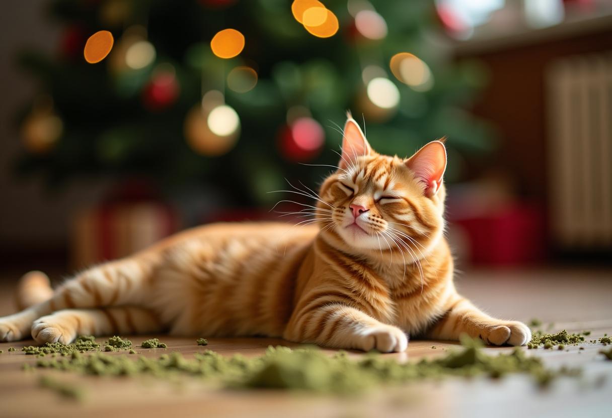 A ginger cat joyfully stretching his body with his ass lifted on a pile of catnip scattered on the floor. The cat has closed eyes and a big, happiest smile ever, feeling like in heaven. Blurred Christmas tree in the background. Cinematic, bokeh.