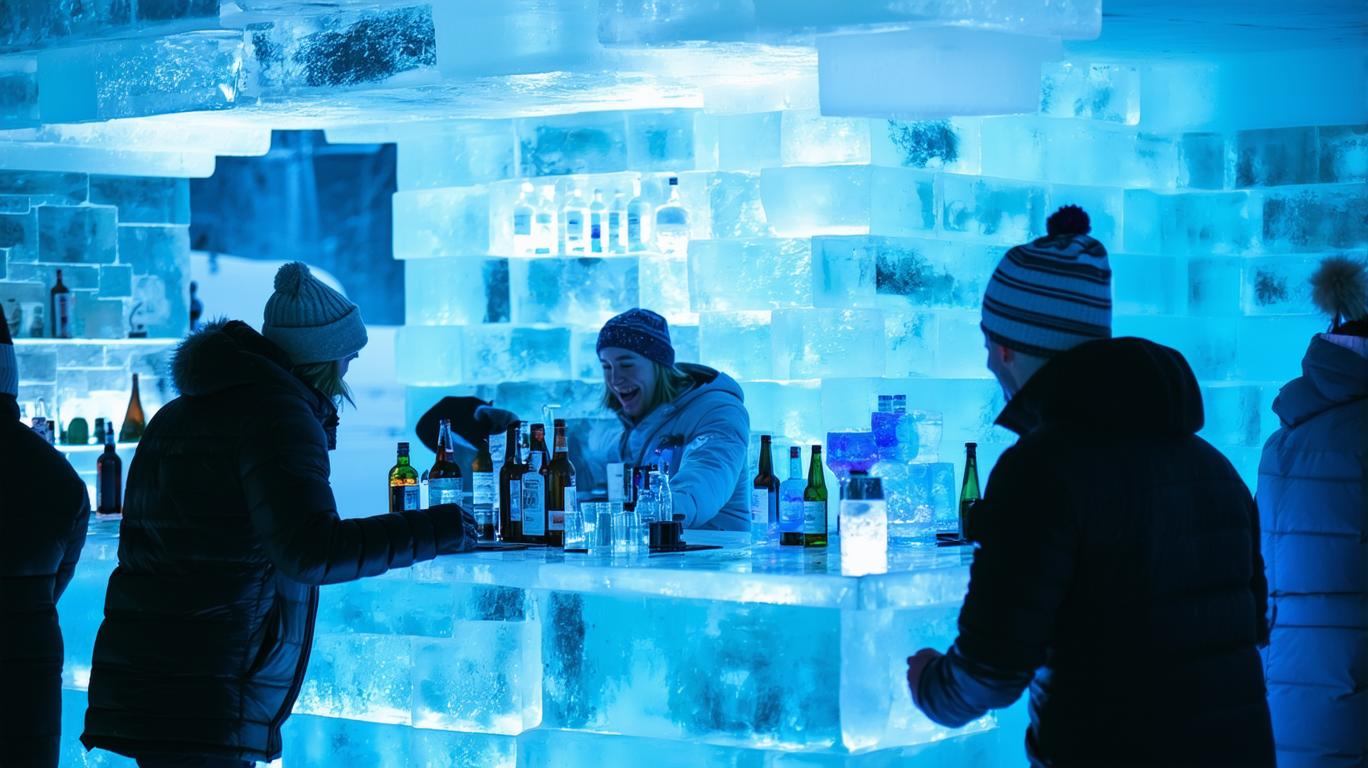Inside a Bar complete made out of ice in Finnland. Party people in winter dressing enjoy there drinks. Crystal clear atmosphere with transparent ice bar in background illuminated with blue led lighting 