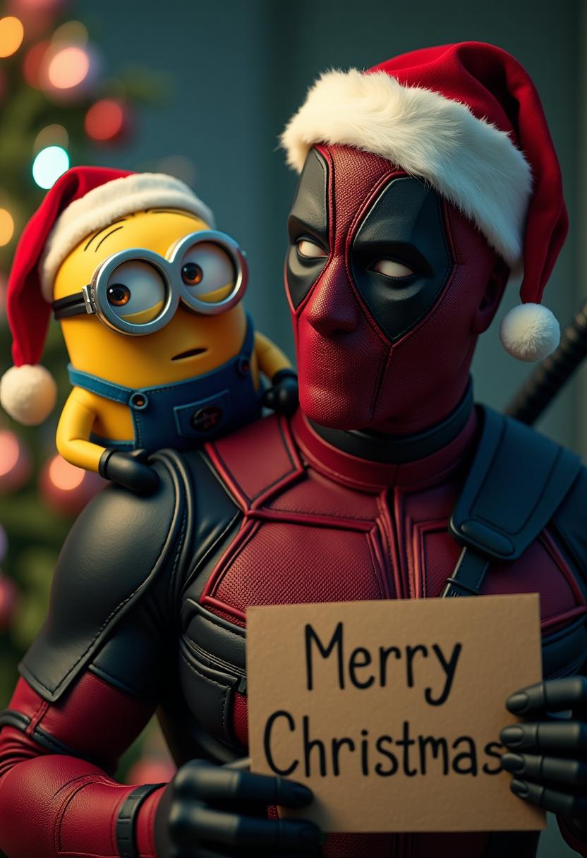 minion sitting on the Deadpool's shoulder, minion and Deadpool wearing santa cap, Deadpool hold a sign with words "Merry Christmas!"with a bored face,emotional close-up, dramatic low-key lighting, moody cinematography by David Fincher,