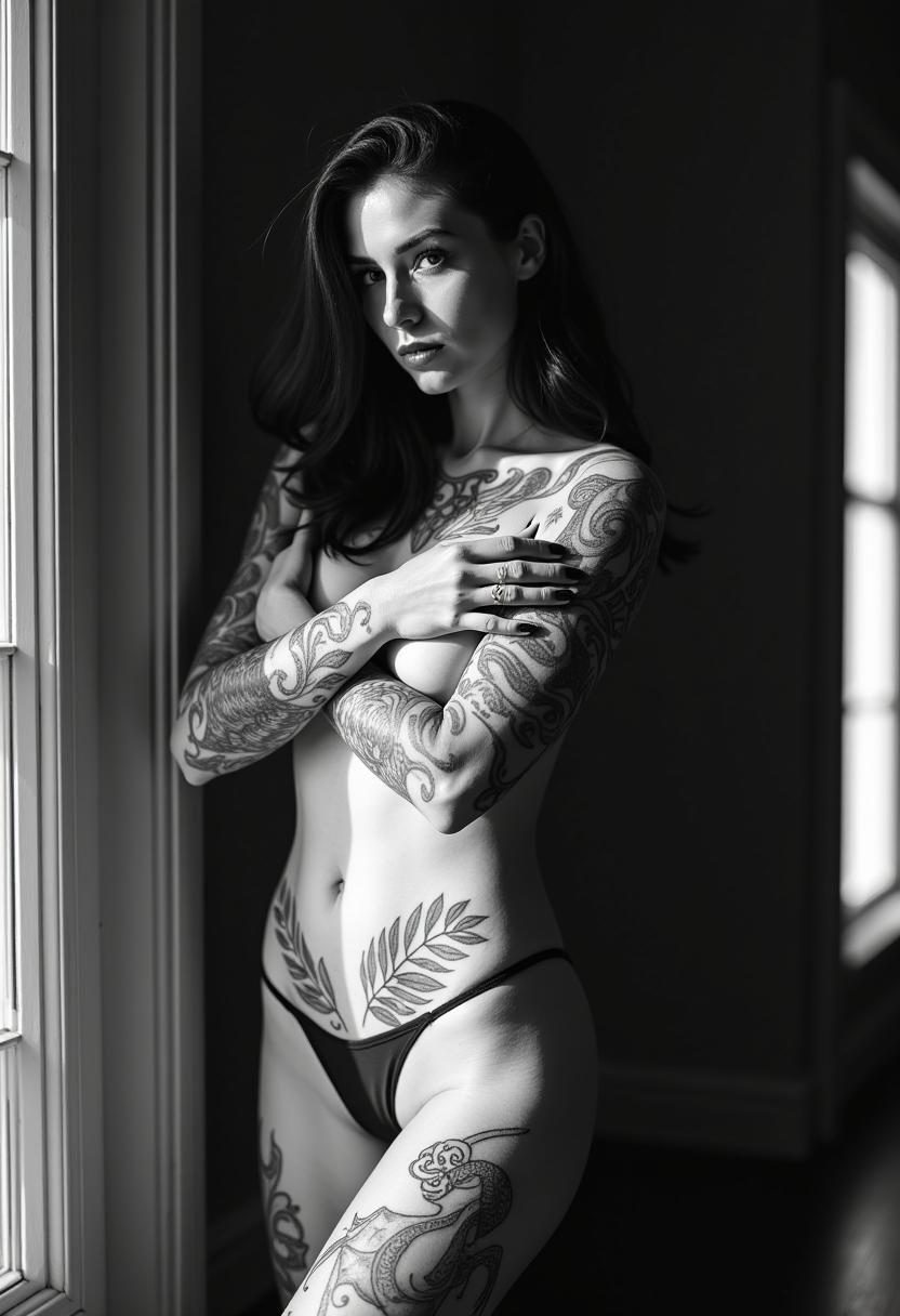 **Instagram-Style Black and White Photography**:

- **Subject**: A nude woman with intricate tattoos covering her skin, showcasing her body art in a tasteful manner.
  
- **Pose**: She stands with a relaxed yet confident posture, her body angled slightly to the side, one arm delicately covering her chest, the other resting along her thigh, emphasizing the tattoos.

- **Visual Details**: 
  - **Tattoos**: Highly detailed, a mix of fine-line work, watercolor effects, and traditional styles, creating a narrative across her skin.
  - **Skin Texture**: Smooth yet slightly textured, with shadows accentuating the curves and muscles.
  - **Lighting**: Harsh contrast lighting to bring out the black and white tones, creating deep shadows and bright highlights.

- **Style**: 
  - **Photography**: Emulate the look of a high-contrast, grainy black and white film photography, reminiscent of the 1960s fashion photography with a modern twist.
  - **Artistic Influence**: Inspired by the work of Helmut Newton but with a softer, more intimate feel.

- **Composition**: 
  - **Framing**: Half-body shot, with the subject occupying roughly two-thirds of the frame, leaving space for a minimalist background.
  - **Camera Angle**: Slightly low angle to elongate the figure, adding a sense of power and presence.

- **Mood and Atmosphere**: 
  - **Ambiance**: A serene, introspective mood, capturing a moment of quiet self-reflection.
  - **Time**: Late afternoon, with the light filtering through a window or open door, casting long shadows.
  - **Weather**: A calm day, the weather is not prominent, but the light suggests a clear, perhaps slightly overcast sky.

- **Technical Aspects**: 
  - **Depth of Field**: Shallow depth of field to focus on the woman while softly blurring the background.
  - **Grain**: A fine grain texture to give the image an authentic film photography feel.
  - **Tonal Range**: A wide range from pure white to deep blacks, ensuring a rich tonal contrast.

- **Cohesion**: The scene is set in a minimalistic, modern environment, possibly a studio with white walls or a simple backdrop, ensuring that all focus is on the subject and her tattoos, creating a powerful and intimate portrayal of identity and art.