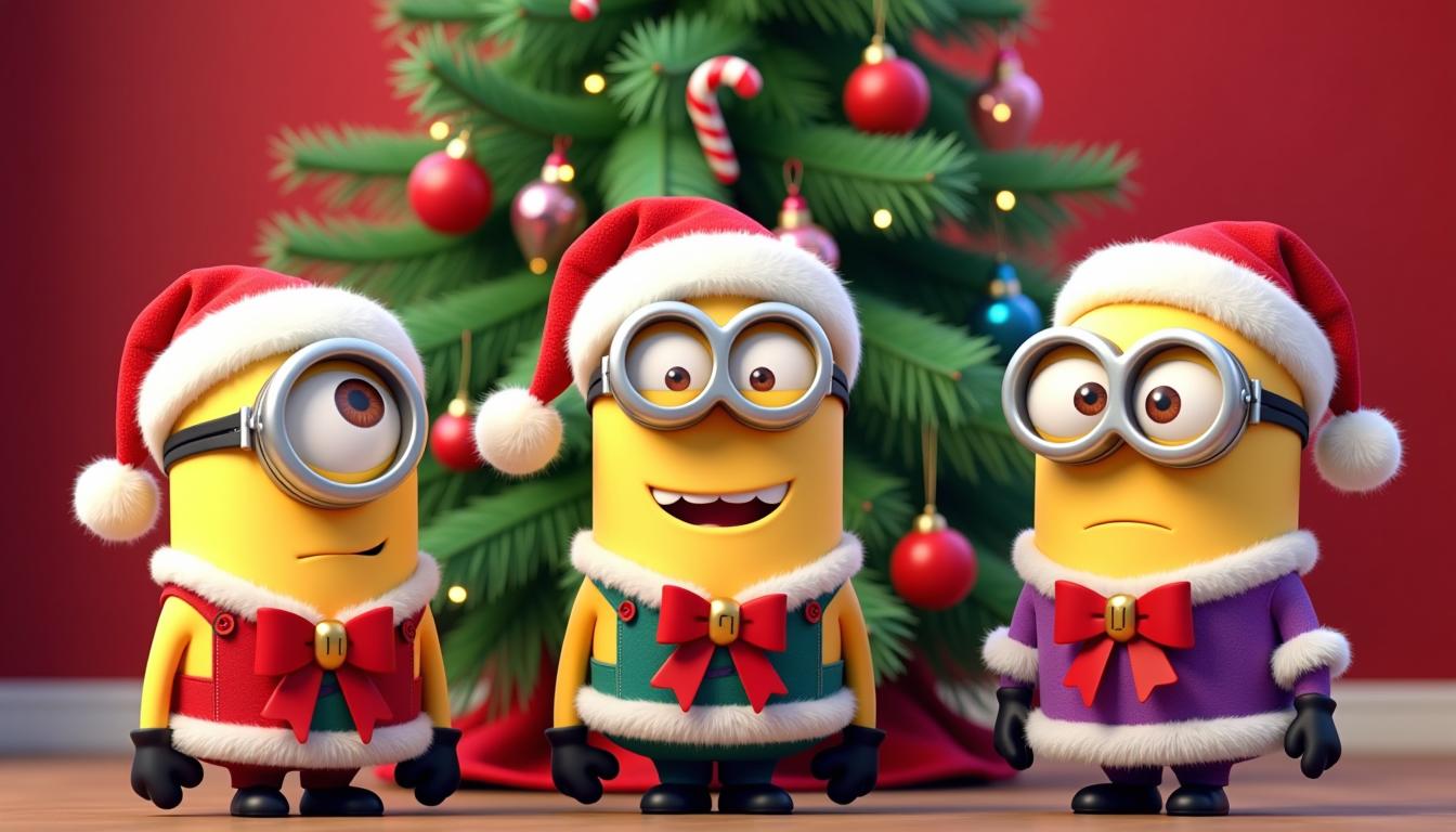 This image is a festive and vibrant depiction of three characters known as Minions from the animated movie franchise Despicable Me. The Minions are dressed in holiday attire, with each one donning a Santa hat and a Christmas outfit that includes a red bow and golden bells. The Minions are standing in front of a decorated Christmas tree, which is adorned with colorful baubles, red bows, and candy canes. The tree is illuminated with twinkling lights, adding to the holiday ambiance. The background is a rich red, which contrasts nicely with the green of the tree and the yellow of the Minions.The art style of the image is cartoonish and threedimensional, with a high level of detail and texture. The Minions have exaggerated facial features and are depicted with a sense of movement and liveliness. The Santa hats are fluffy and white, with red pompoms, and the bows and bells on the Minions outfits are also detailed and shiny. The Christmas tree is depicted with realistic branches and needles, and the baubles and candy canes are reflective and glossy.The colors in the image are bright and cheerful, with a predominance of red, green, and yellow. The Minions skin tone is a pale yellow, and their outfits are a mix of red, purple, and green. The Christmas tree is a lush green, and the baubles and candy canes are a mix of red, blue, and gold. The Santa hats are white with red trim, and the bows and bells are red with golden accents. The overall effect is a visually appealing and festive representation of Christmas.