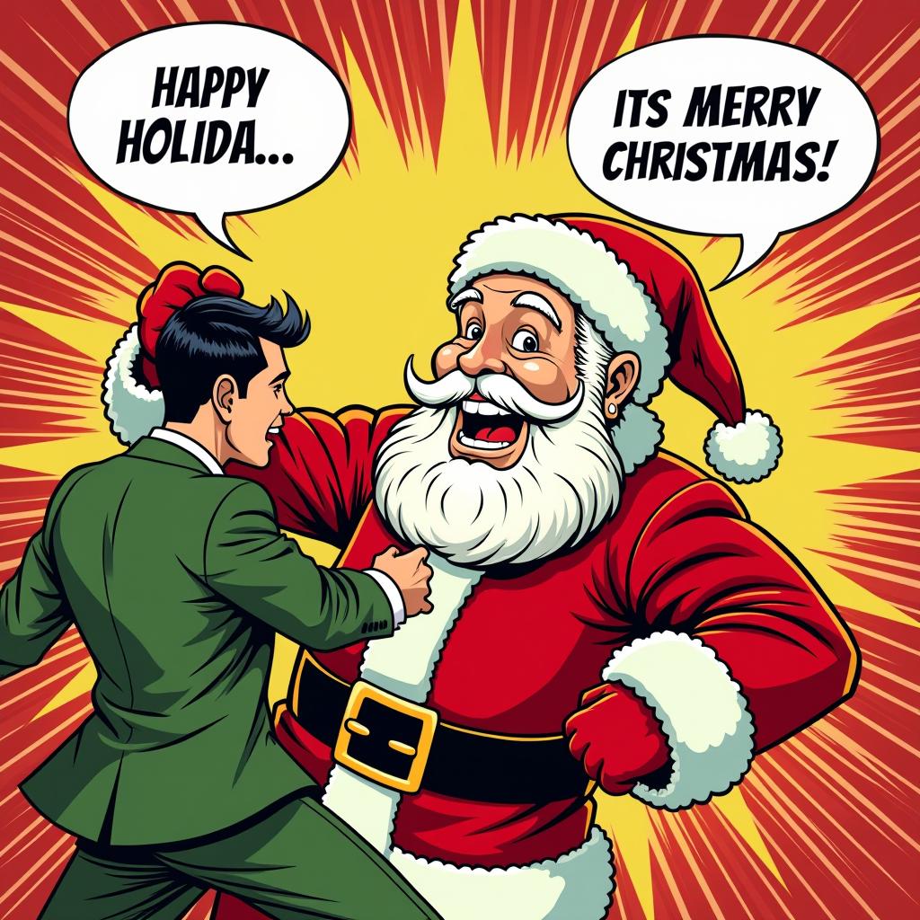 This image is a comicstyle illustration, reminiscent of the pop art genre. The medium appears to be digital, as the lines are crisp and the colors are vibrant. The background is a dynamic burst of red and yellow, giving the impression of speed or explosion. The focal point of the image is a character dressed in a Santa Claus costume, who is depicted in a forceful pose, with one arm extended and the other bent at the elbow, as if delivering a punch. The Santa Claus figure is drawn with exaggerated features, such as a large beard and a wide, toothy grin, which are typical representations of the character. The Santa Claus figure is wearing a traditional red suit with a white fur trim and a fluffy white hat with a red pompom. The other character in the image is not fully visible, but we can see that they are wearing a green suit and are reacting to the Santa Claus figures action. The speech bubbles contain the words "HAPPY HOLIDA... " from the man and "ITS MERRY CHRISTMAS!" from santa, suggesting a humorous misunderstanding or a playful jab at holiday greetings. The overall tone of the image is comedic and exaggerated, typical of pop art.